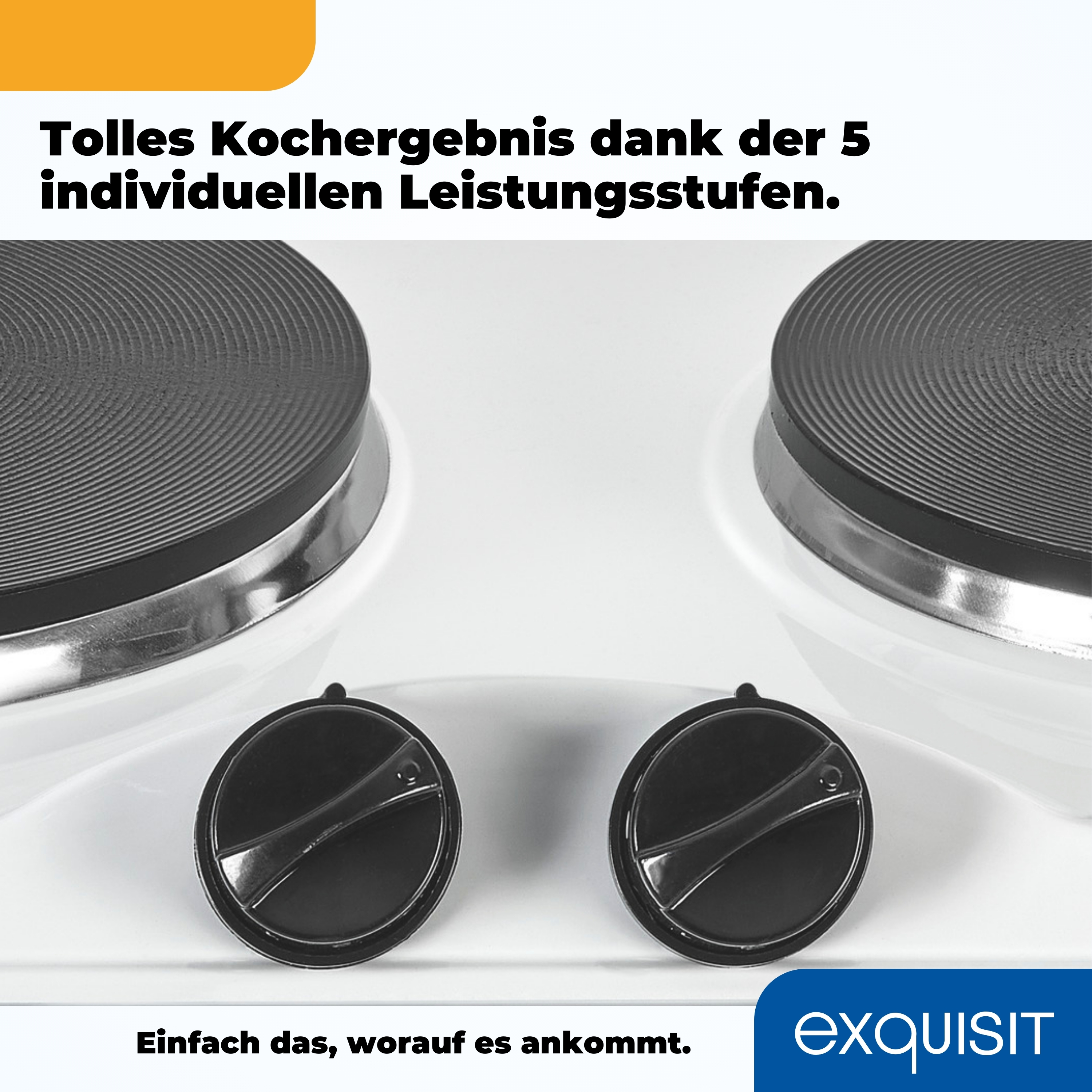 Ein Kochfeld mit zwei schwarzen Kochfeldern und schwarzen Knöpfen. Der Text ist auf Deutsch.