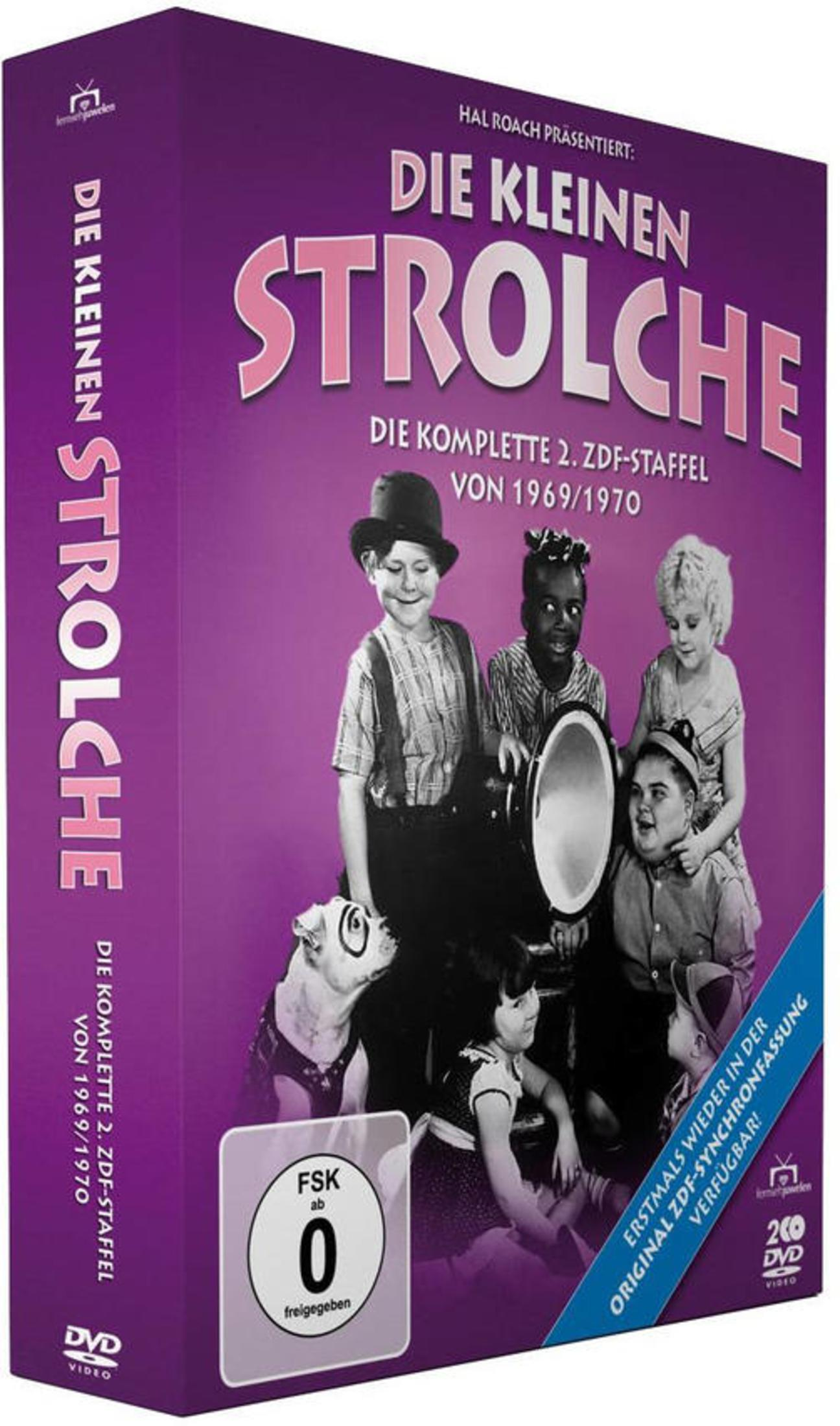 DVD-Hülle von Die Kleinen Strolche mit Kindern und einem Hund auf violettem Hintergrund.
