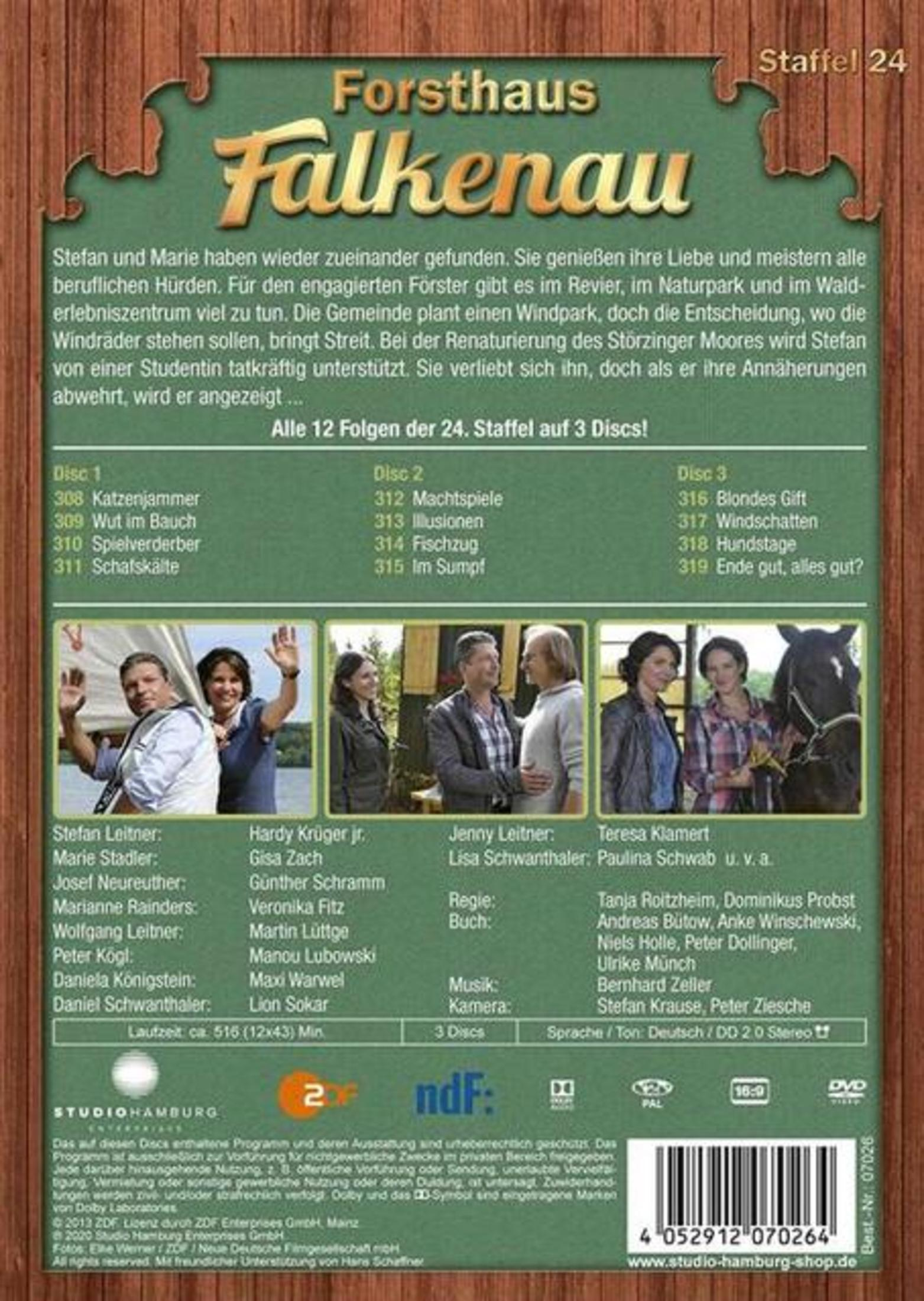 Rückseite der DVD-Hülle von Forsthaus Falkenau Staffel 24 mit Bildern, Inhaltsangabe und Besetzung.