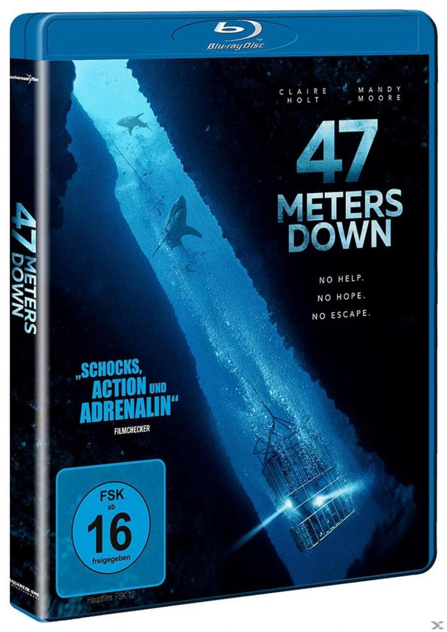 DVD-Cover von 47 Meters Down. Hai schwimmt im blauen Ozean, Käfig im Vordergrund.