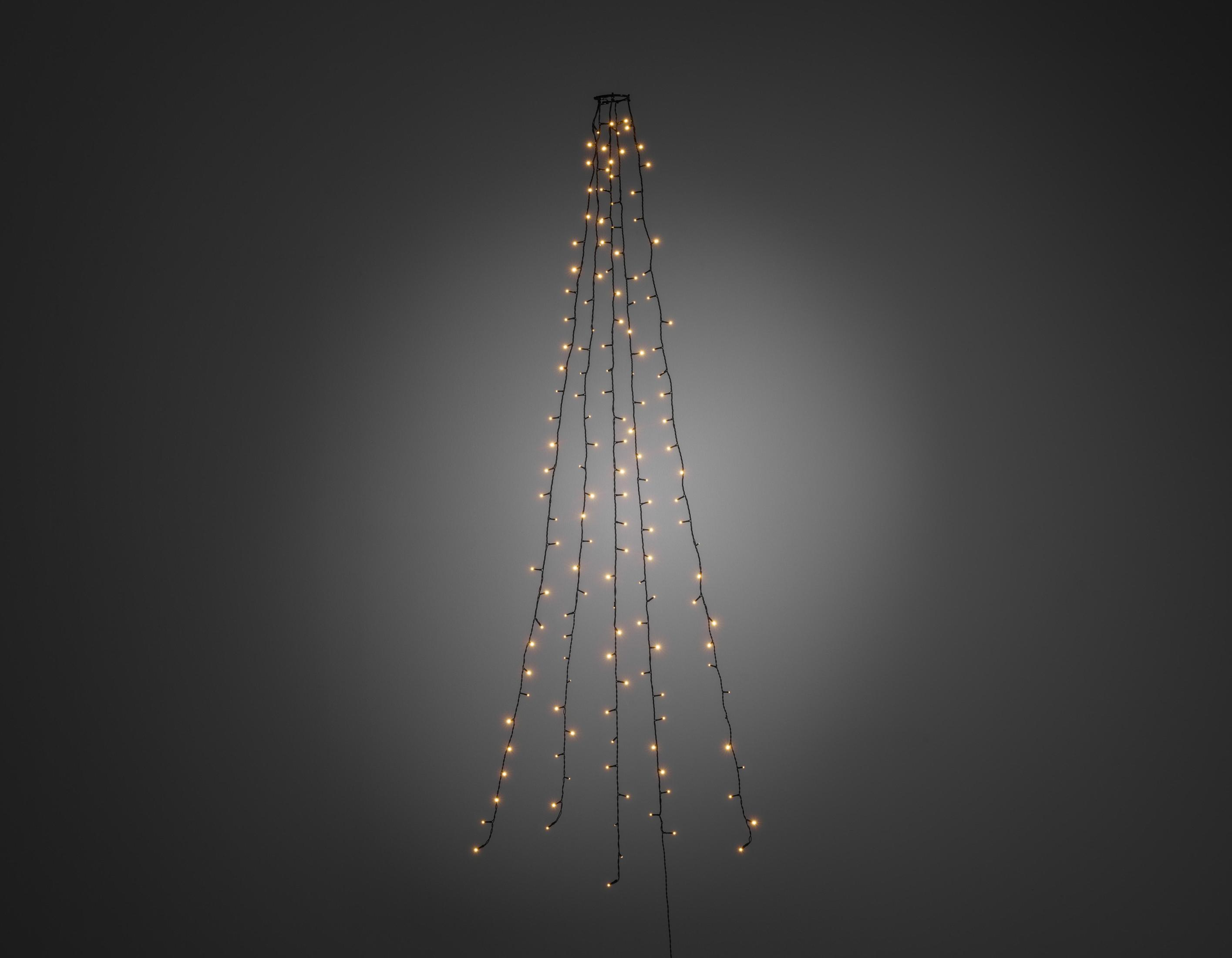 Eine Lichterkette in Form eines Weihnachtsbaums. Die Lichter sind gelb auf dunklem Hintergrund.