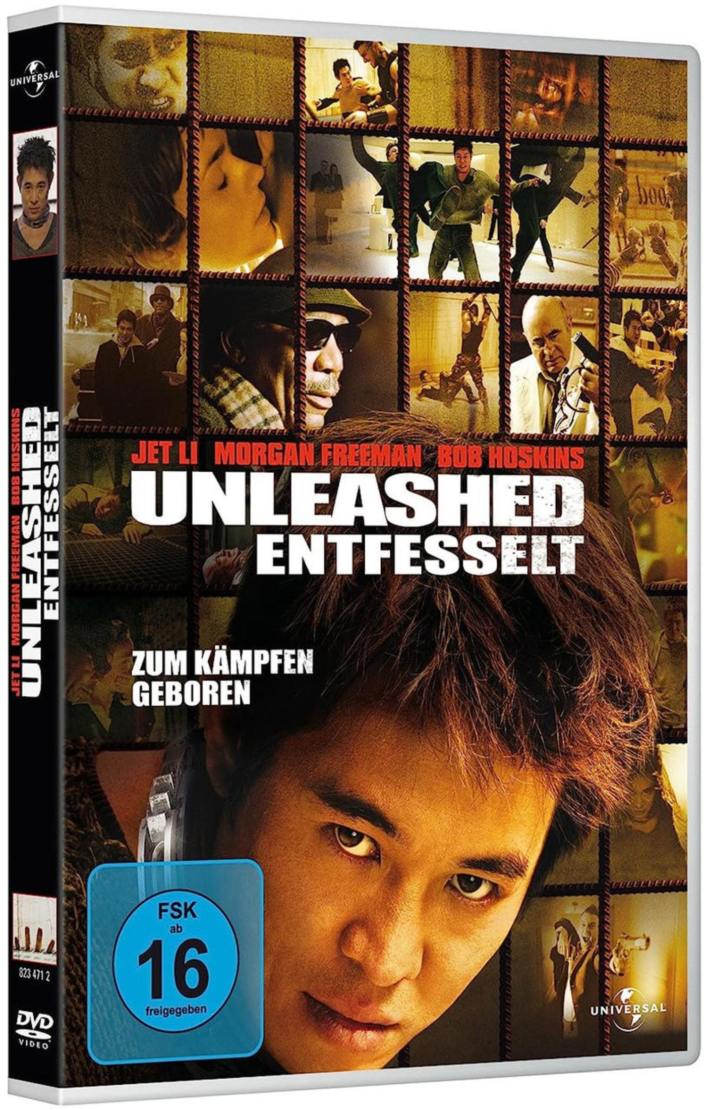 DVD-Cover von Unleashed. Jet Li im Vordergrund, Actionszenen im Hintergrund.