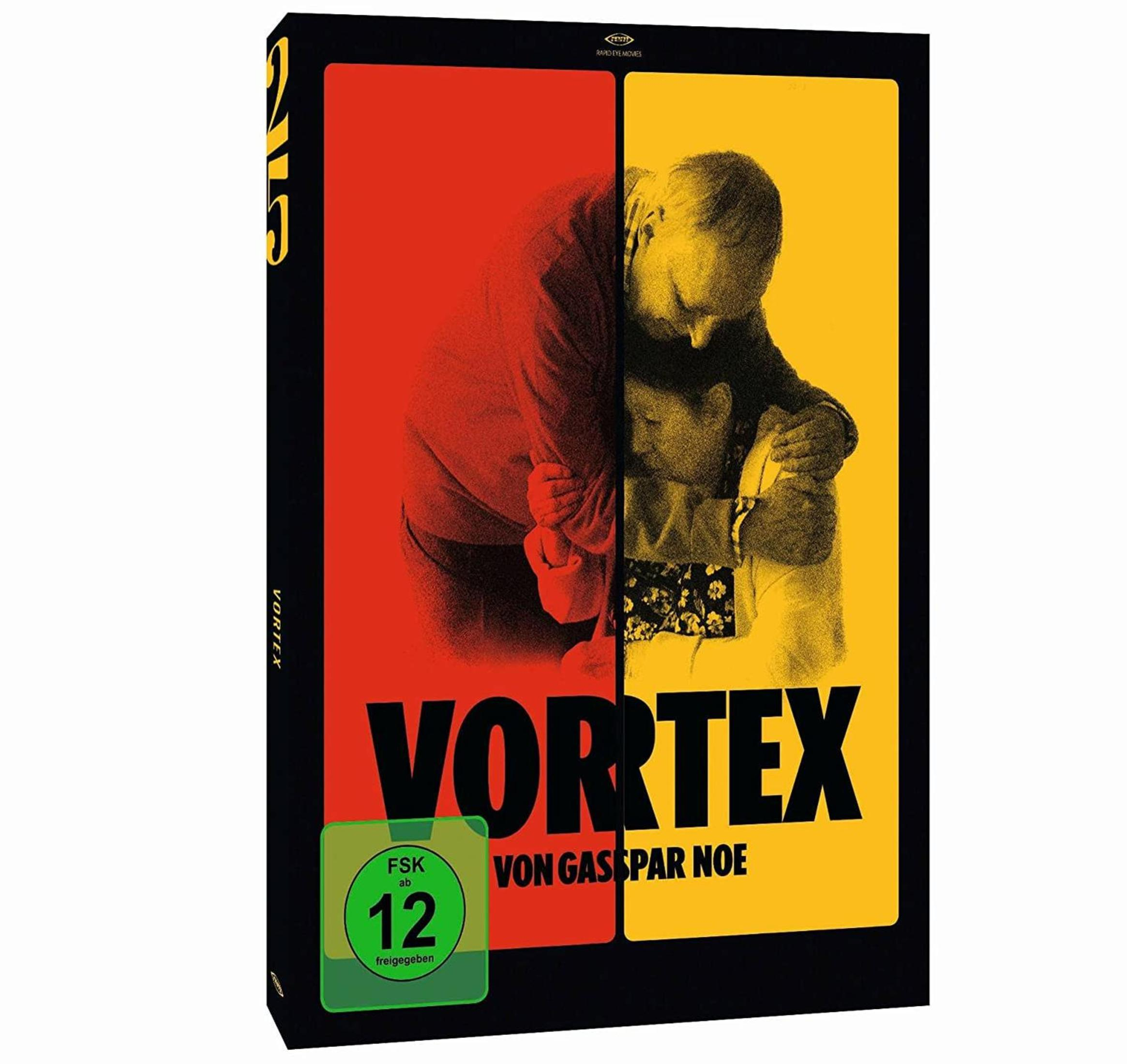 DVD-Cover des Films Vortex von Gaspar Noe mit zwei älteren Personen, die sich auf rotem und gelbem Hintergrund umarmen.