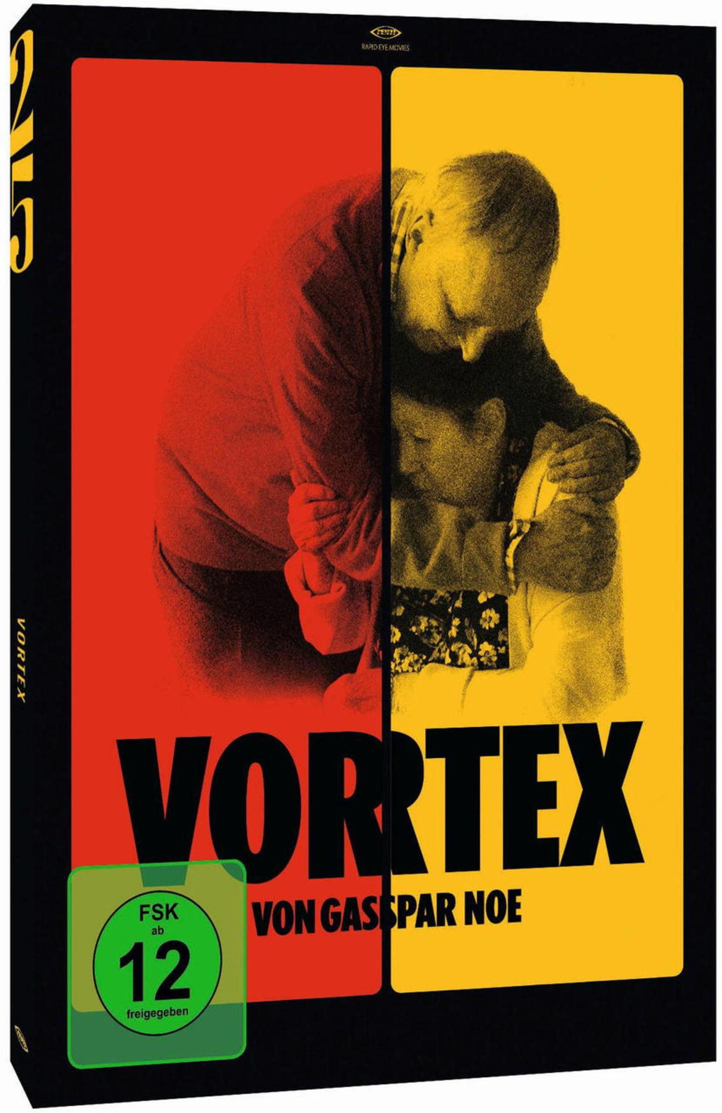 DVD-Cover von Vortex mit zwei Personen vor rotem und gelbem Hintergrund.