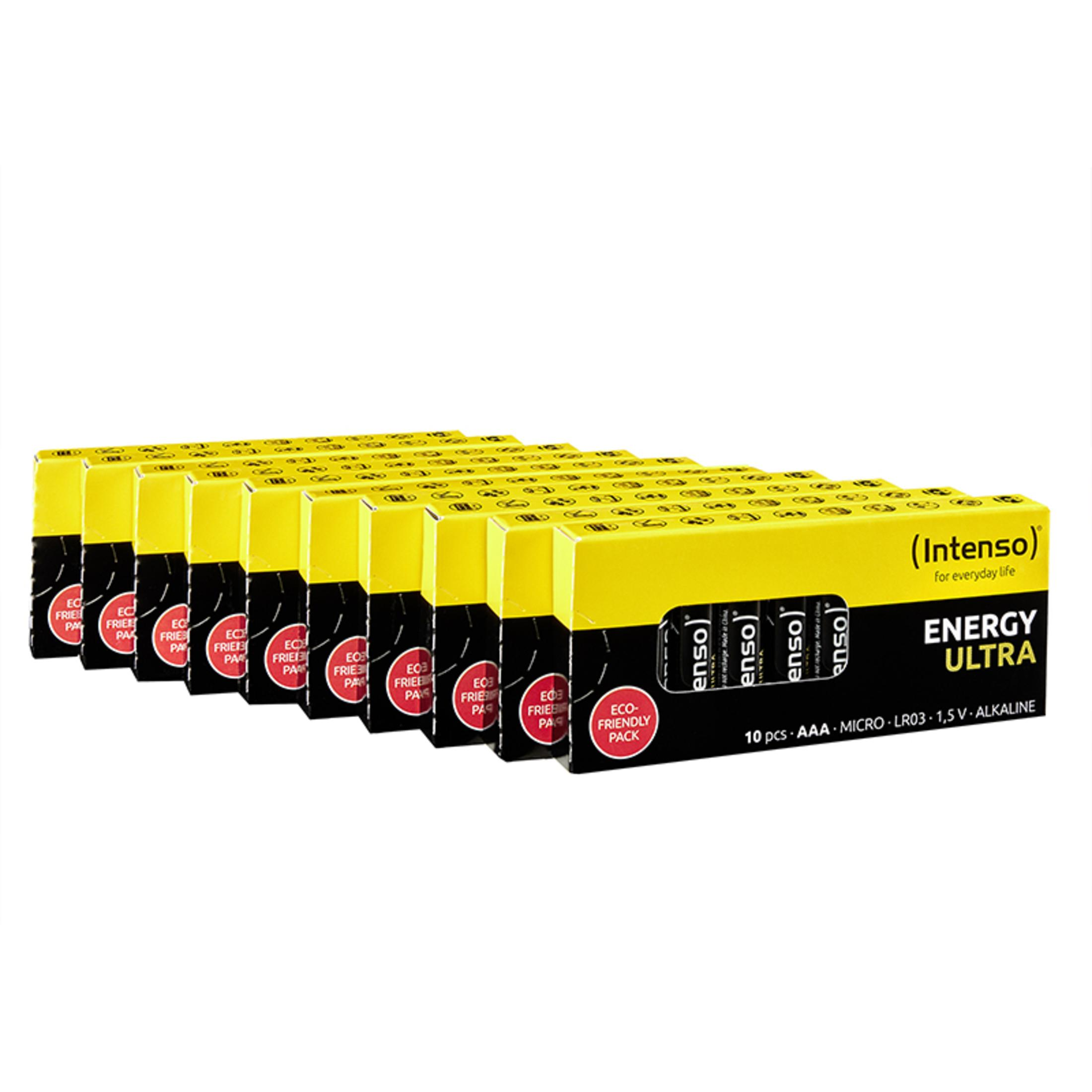Dieci confezioni di batterie Intenso energy ultra. Imballaggio giallo e nero.