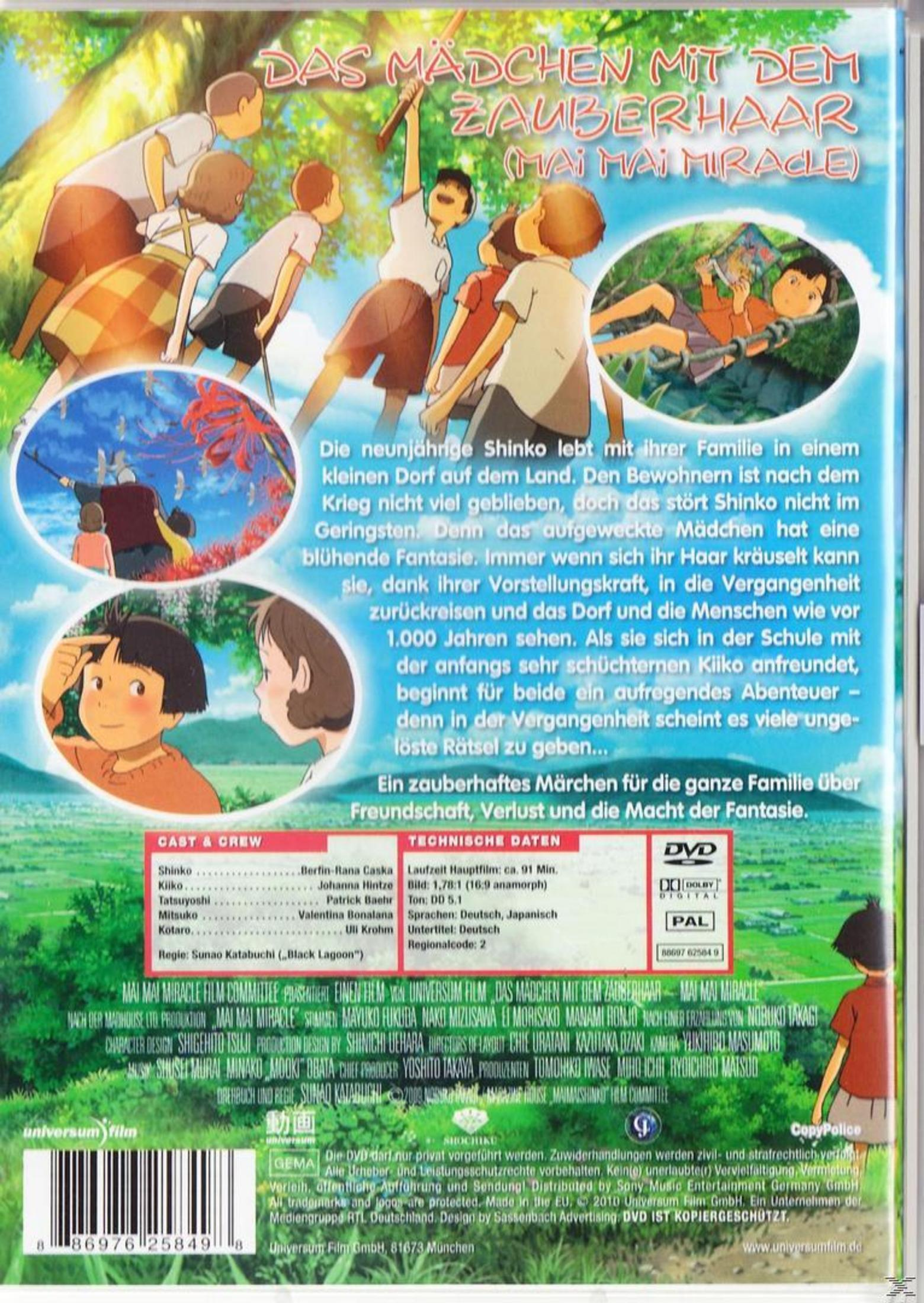 DVD-Rückseite des Anime-Films Das Mädchen mit dem Zauberhaar mit Szenenbildern, Beschreibung und Cast-Liste.
