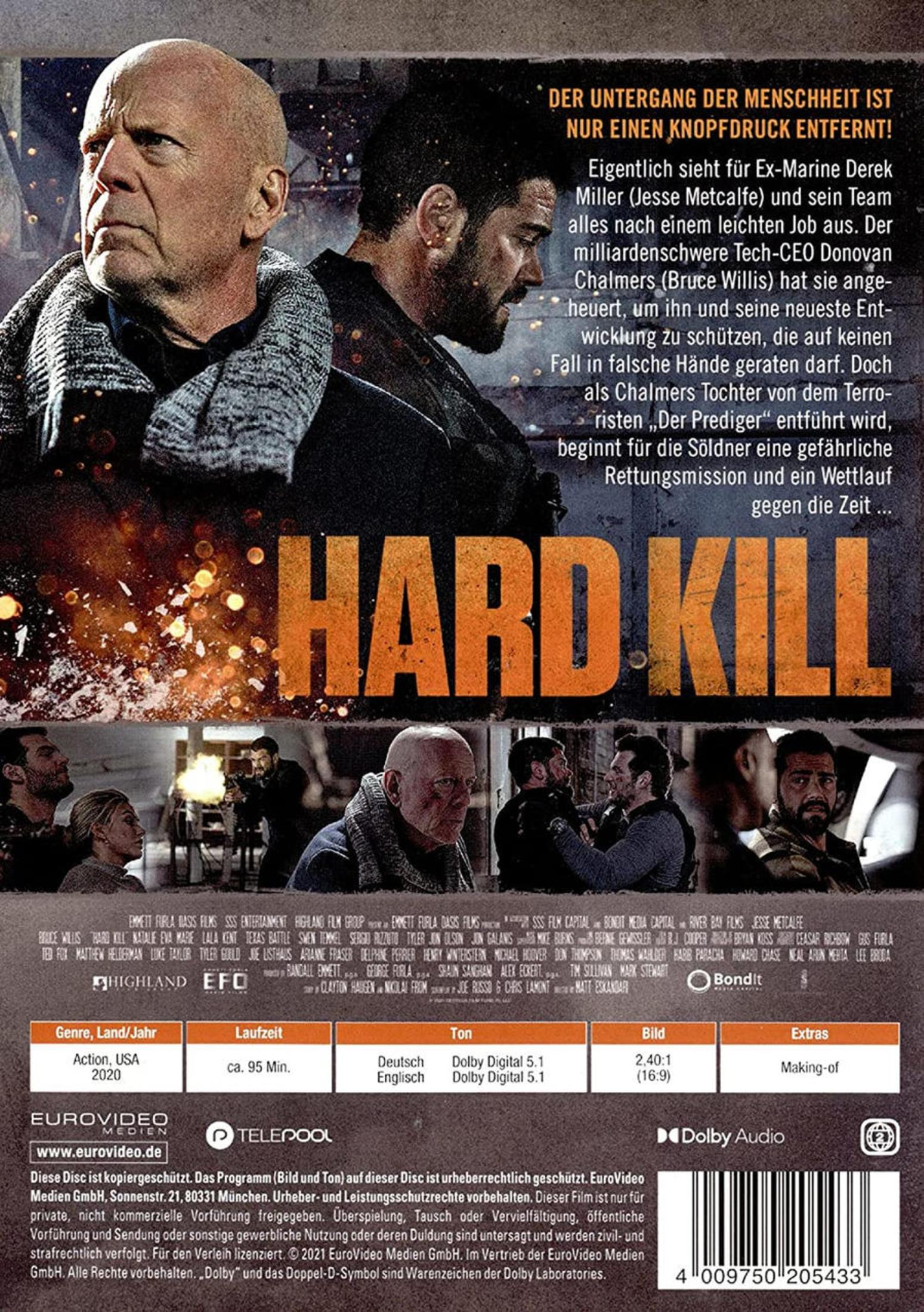 DVD-Rückseite des Actionfilms Hard Kill mit Bruce Willis und Jesse Metcalfe sowie Szenenbildern und Filminfos.