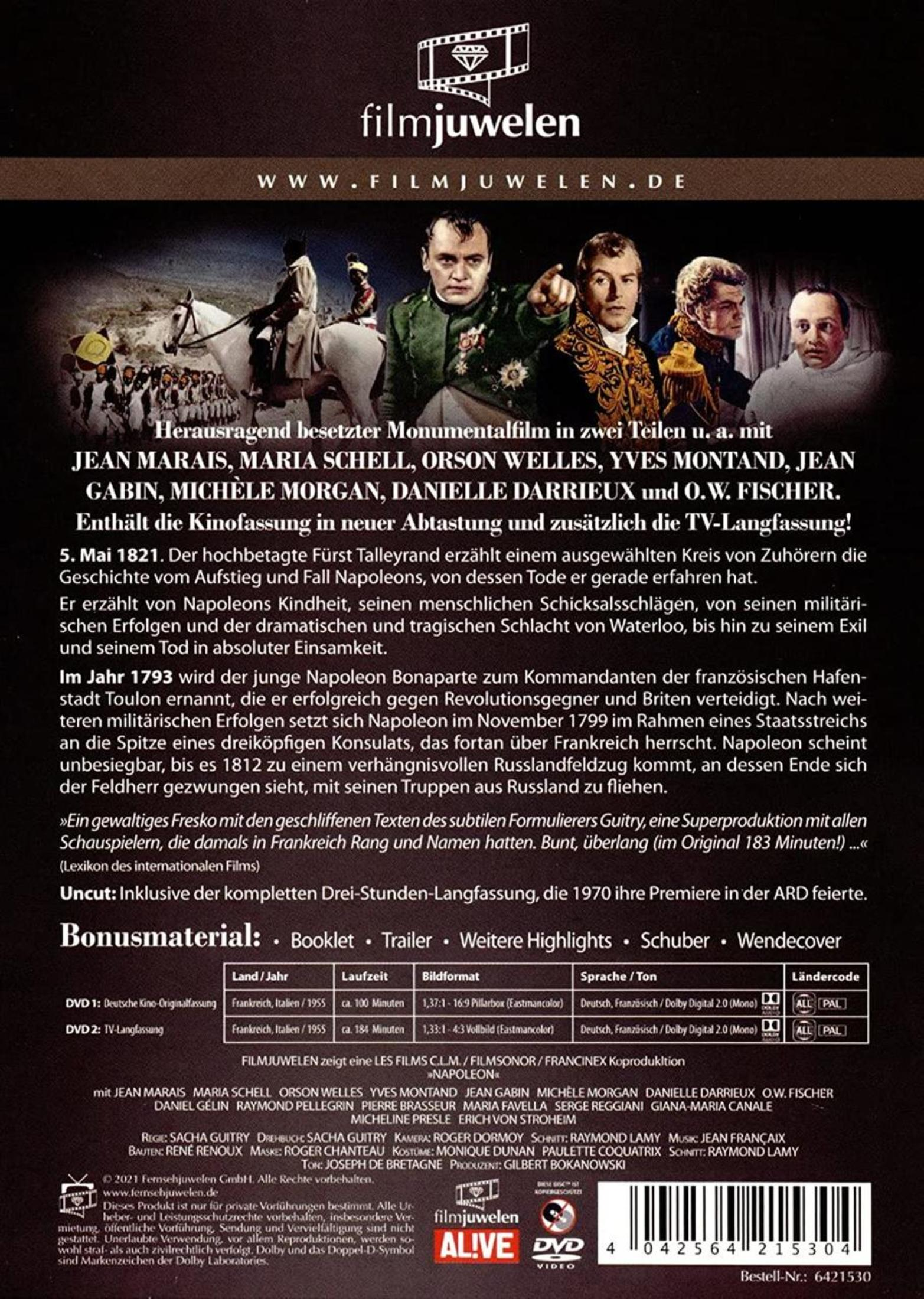 DVD-Rückseite des Films Napoleon mit Porträts von Schauspielern, Szenenbildern und ausführlichem Text auf Deutsch.