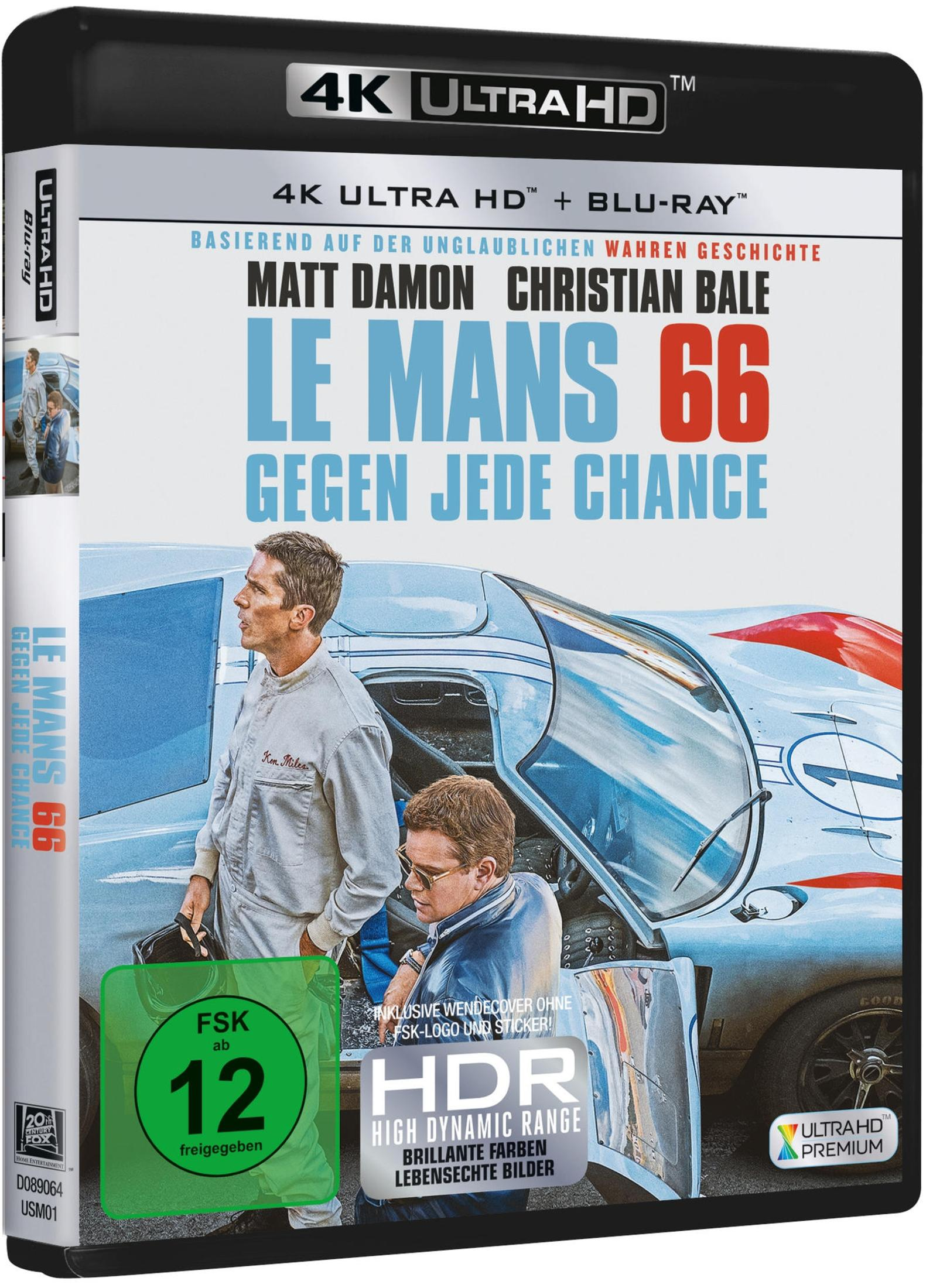Le Mans 66 Blu-ray-Cover mit Matt Damon und Christian Bale vor einem Rennwagen.