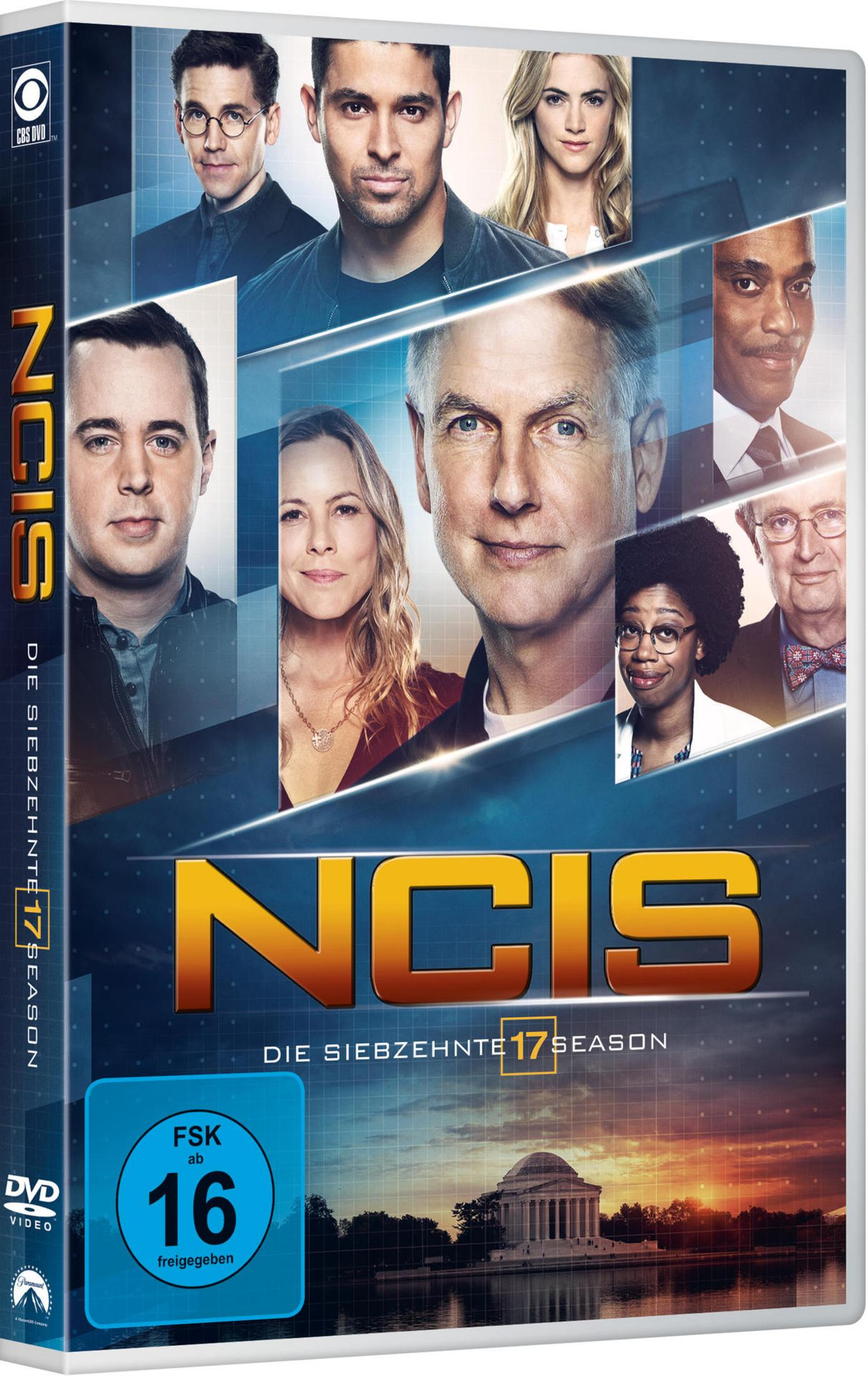 NCIS Staffel 17 DVD-Cover. Mehrere Darsteller, Titel in Orange. Weißer Hintergrund.