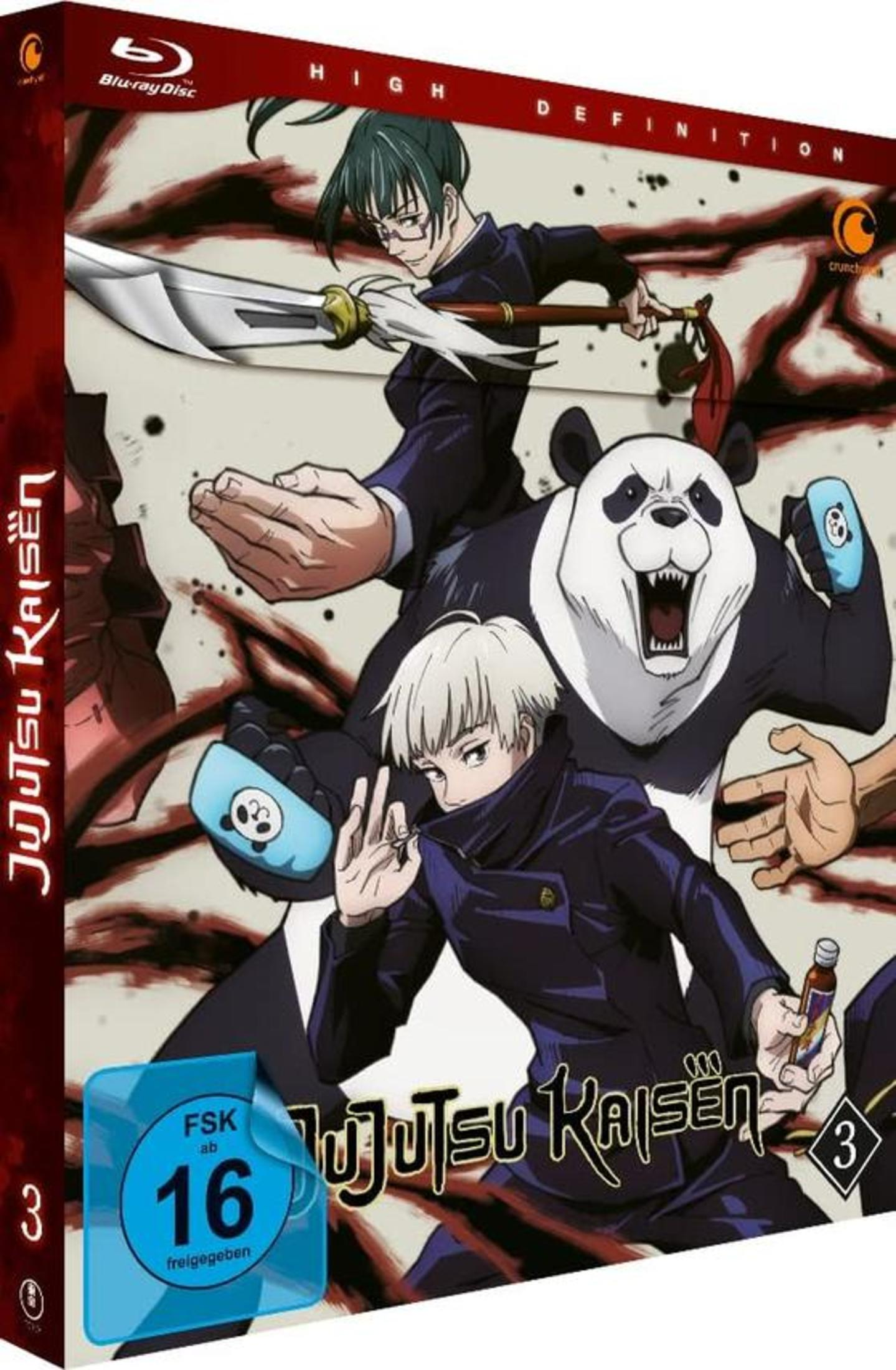 Personaggi anime, tra cui un panda, posano per il Blu-ray di Jujutsu Kaisen.