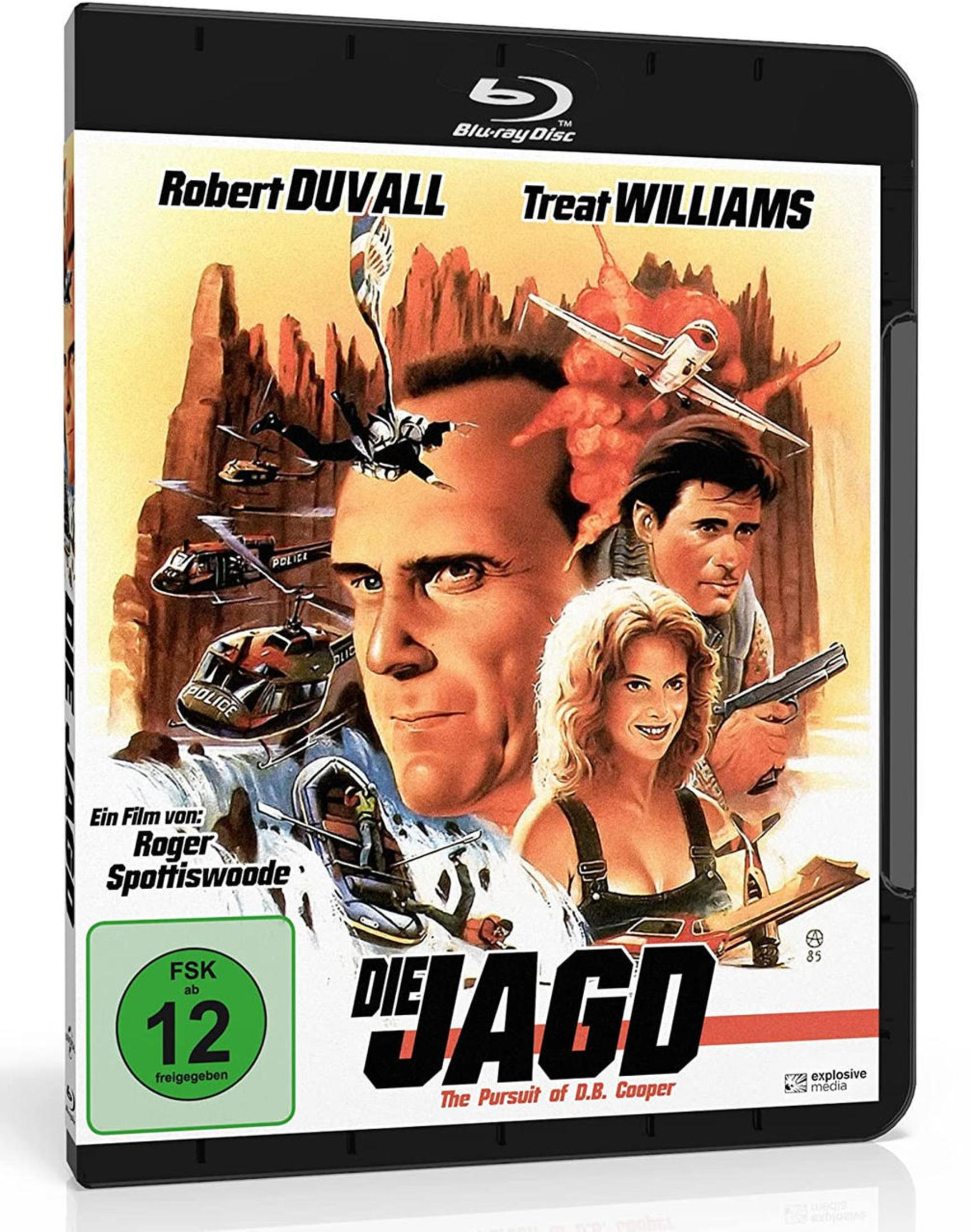 Blu-ray-Hülle für Die Jagd mit Schauspielerporträts, Hubschraubern, explodierenden Flugzeugen und Felslandschaft.