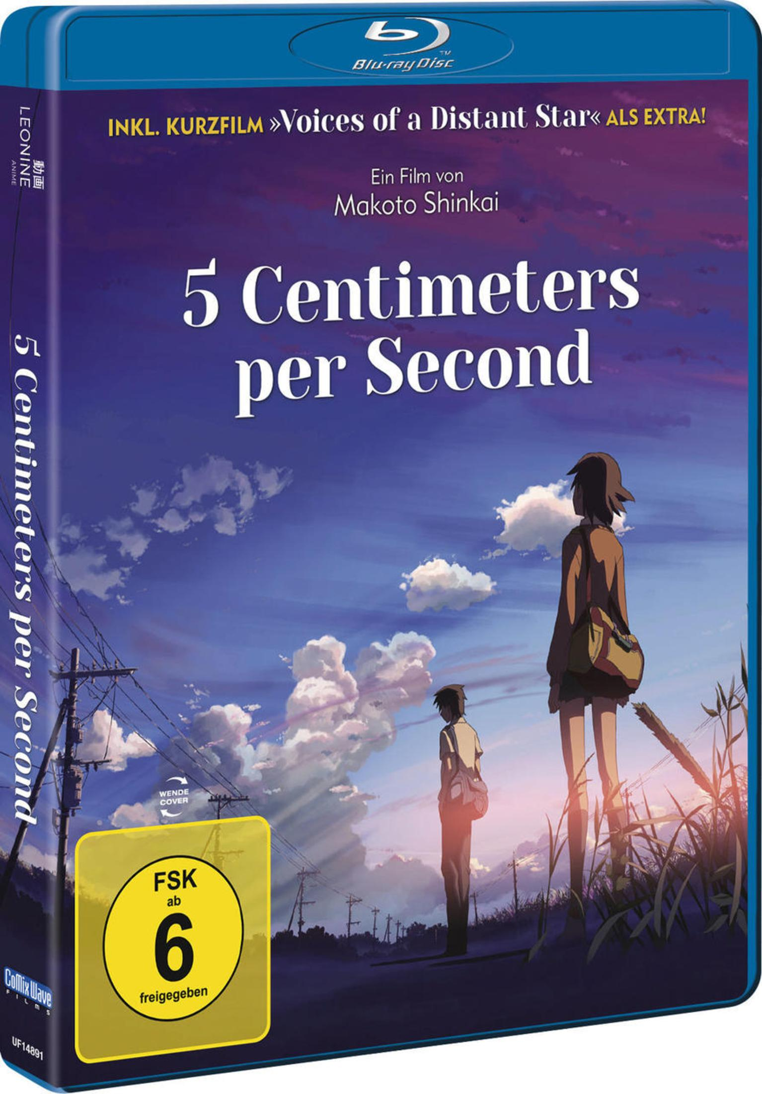 Blu-Ray-Hülle des Anime-Films 5 Centimeters per Second mit zwei Figuren vor blauem Himmel.