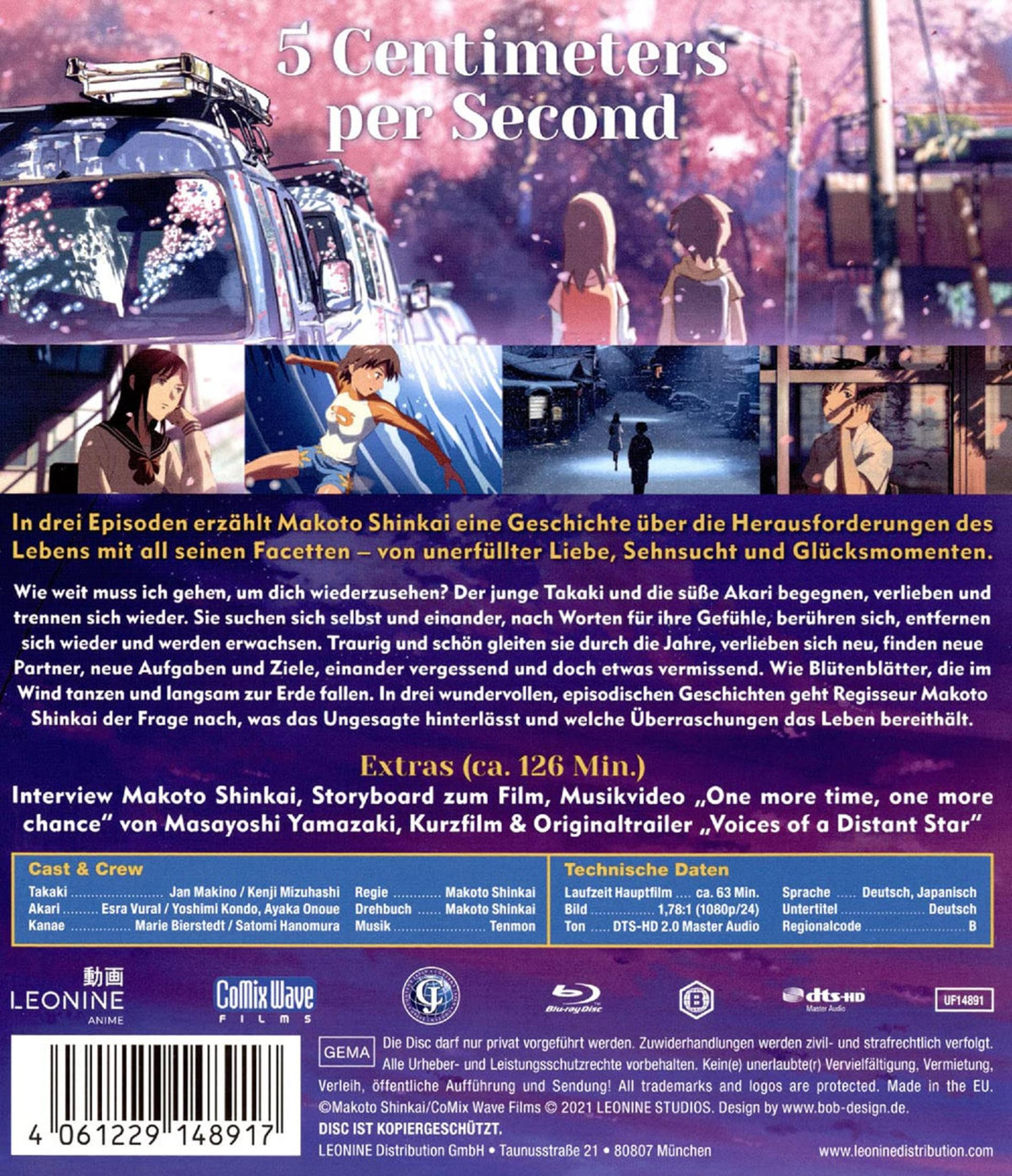 Blu-ray-Hülle des Anime 5 Centimeters per Second mit Szenenbildern, Text und technischer Information.