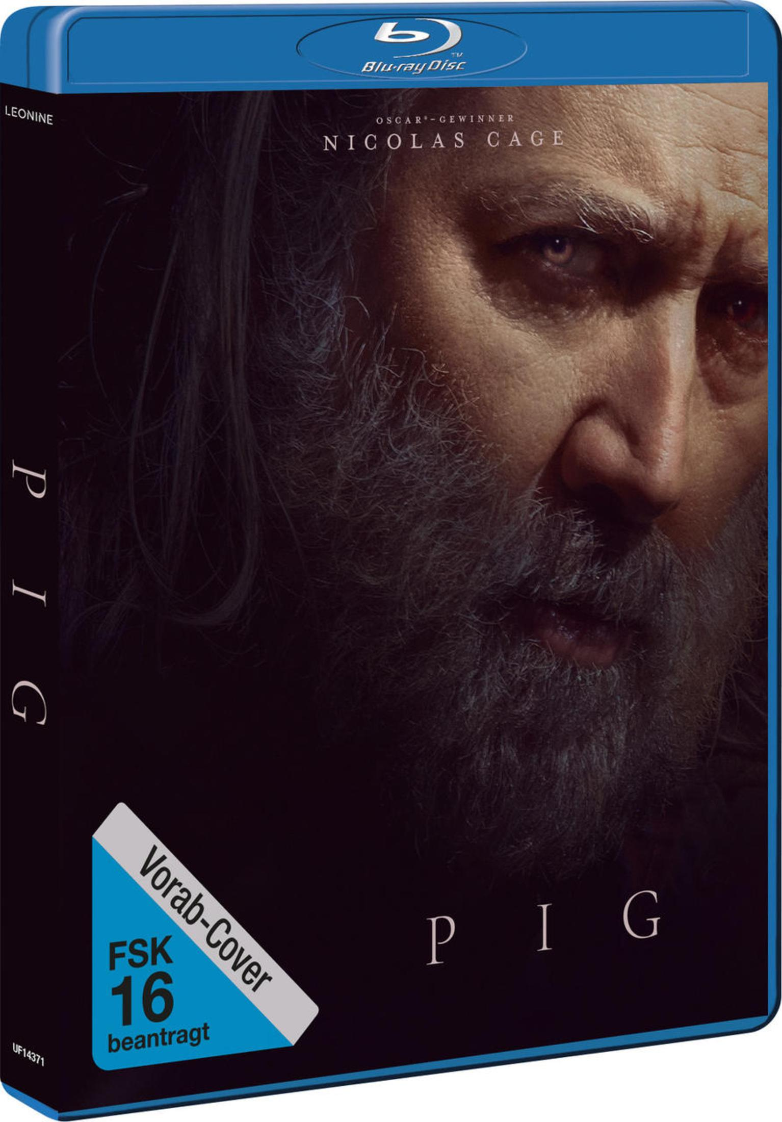 Blu-ray-Cover des Films Pig, mit einer Nahaufnahme eines bärtigen Mannes und Nicolas Cage.