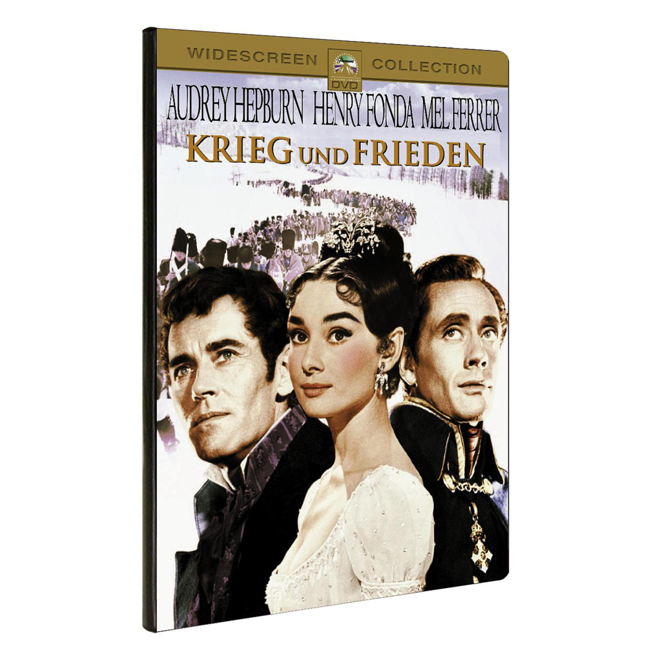 DVD-Cover von Krieg und Frieden mit Audrey Hepburn, Henry Fonda und Mel Ferrer vor einer verschneiten Armee.