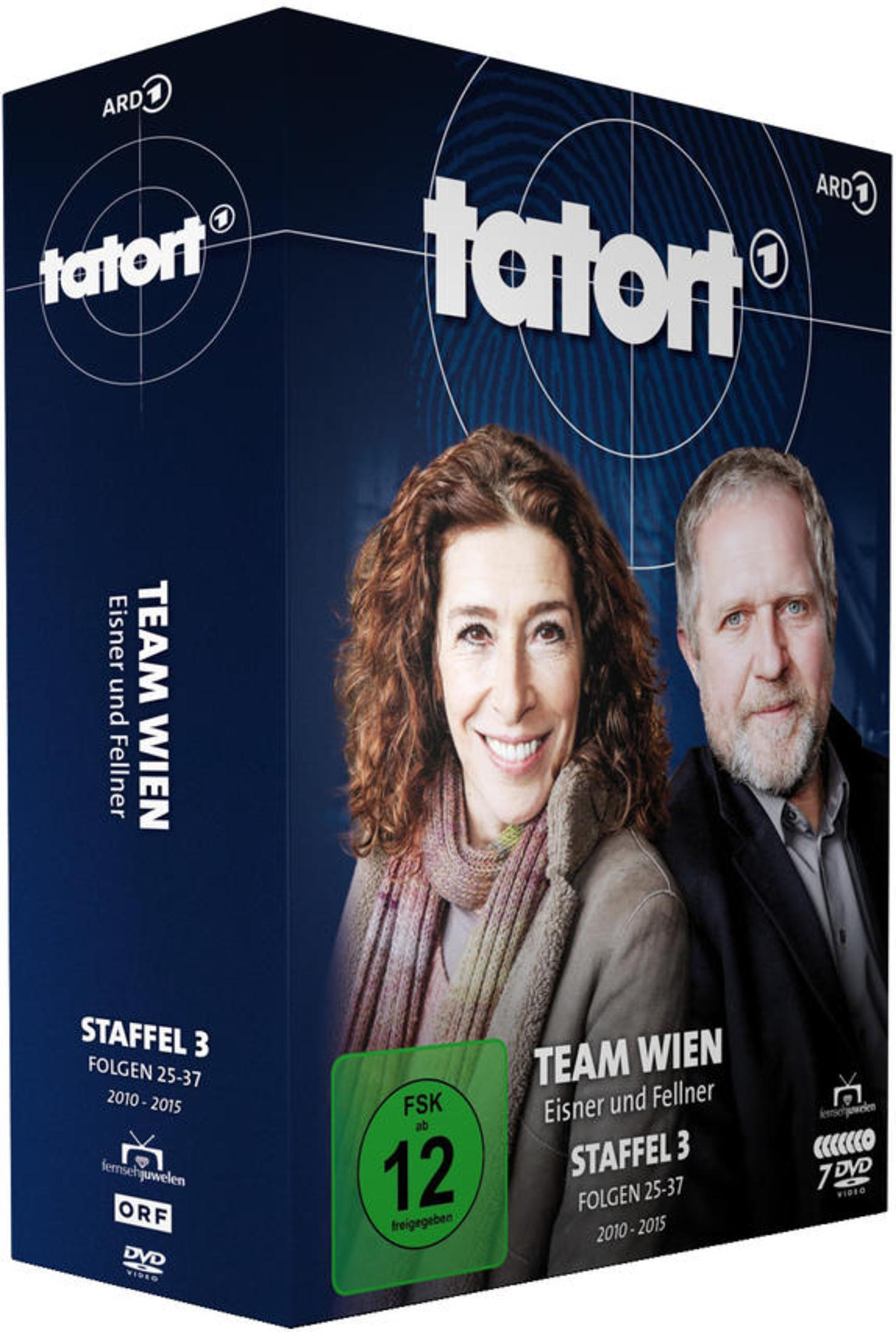 DVD-Box von Tatort Team Wien, Staffel 3 mit Porträts von Eisner und Fellner vor dunkelblauem Hintergrund.