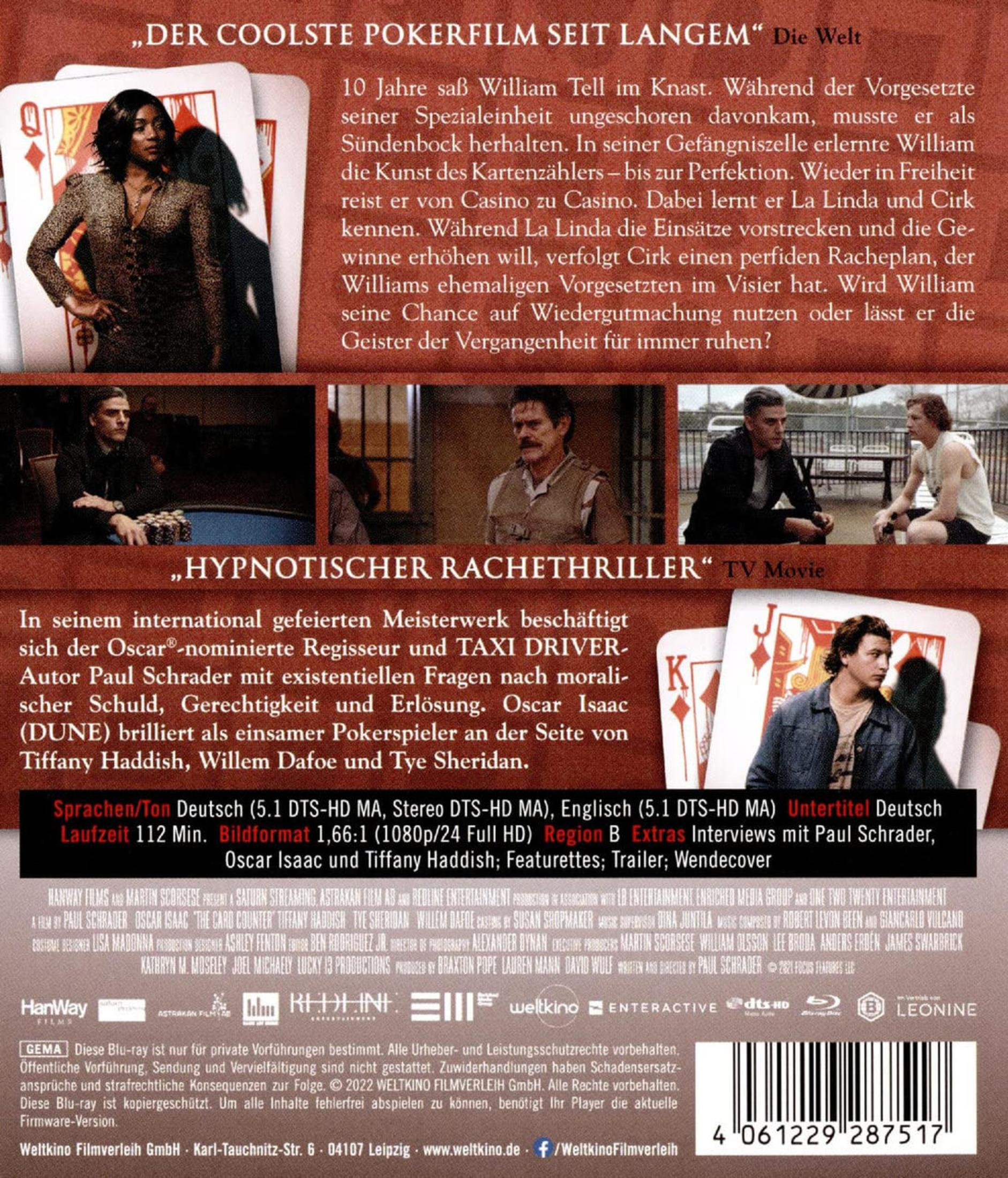 Blu-ray-Cover des Films Der Card Counter mit Texten, Schauspielern und Spieldetails.