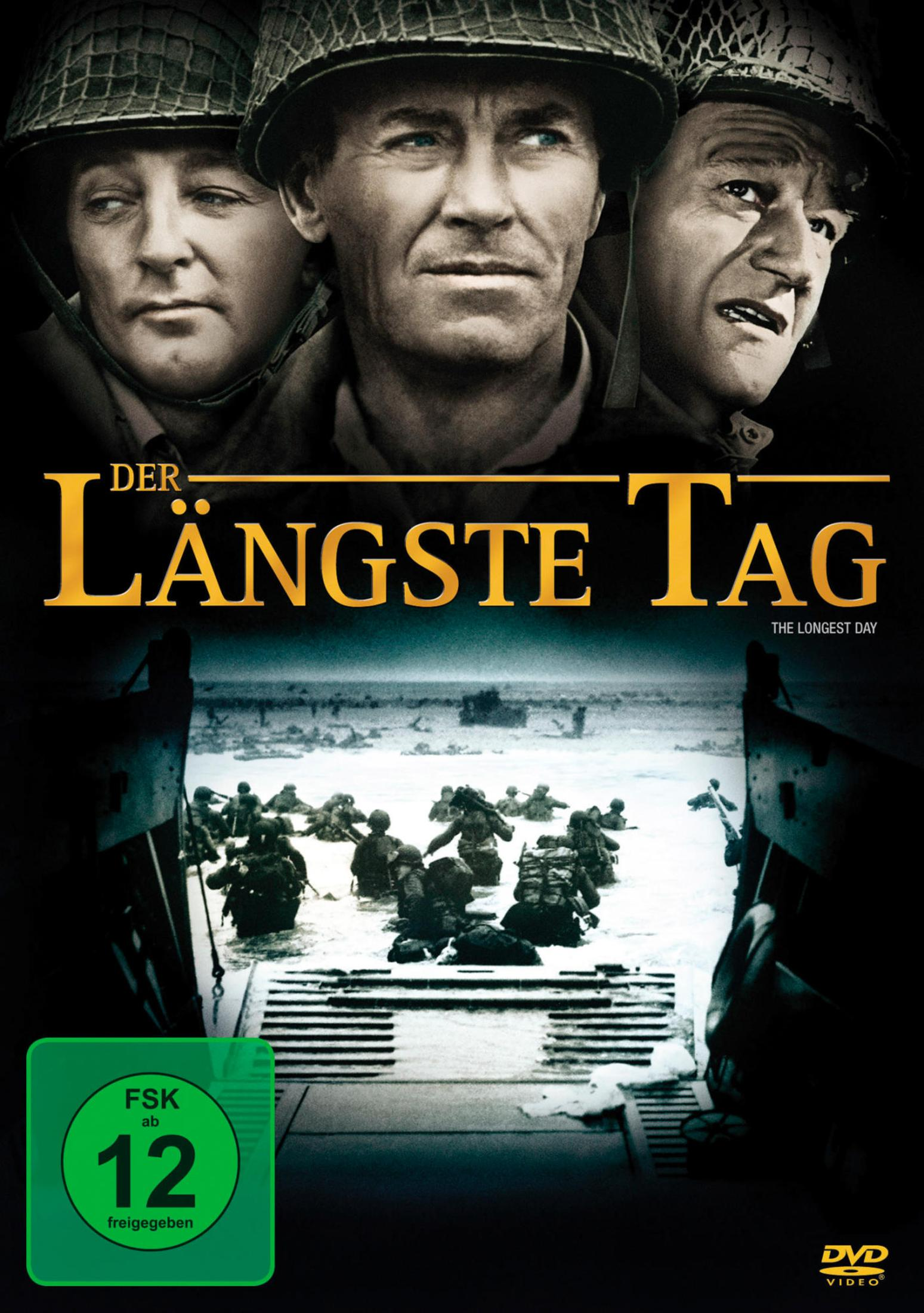 DVD-Cover von Der längste Tag mit drei Soldaten oben und Landungstruppen unten.
