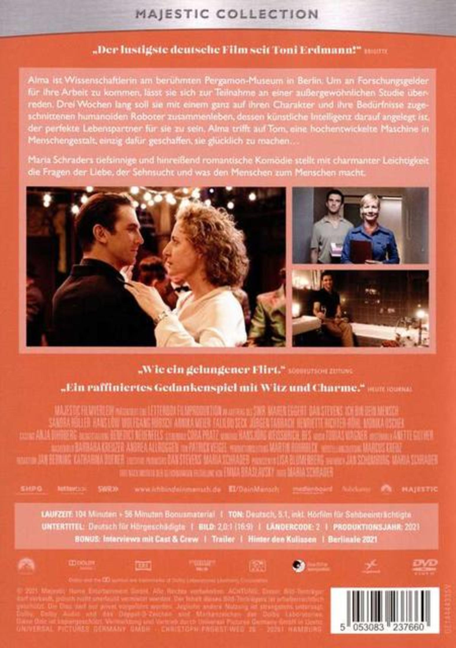 DVD-Rückseite des Films Ich bin dein Mensch mit Text, Szenenbildern, Crew-Infos und Strichcode auf rotem Grund.