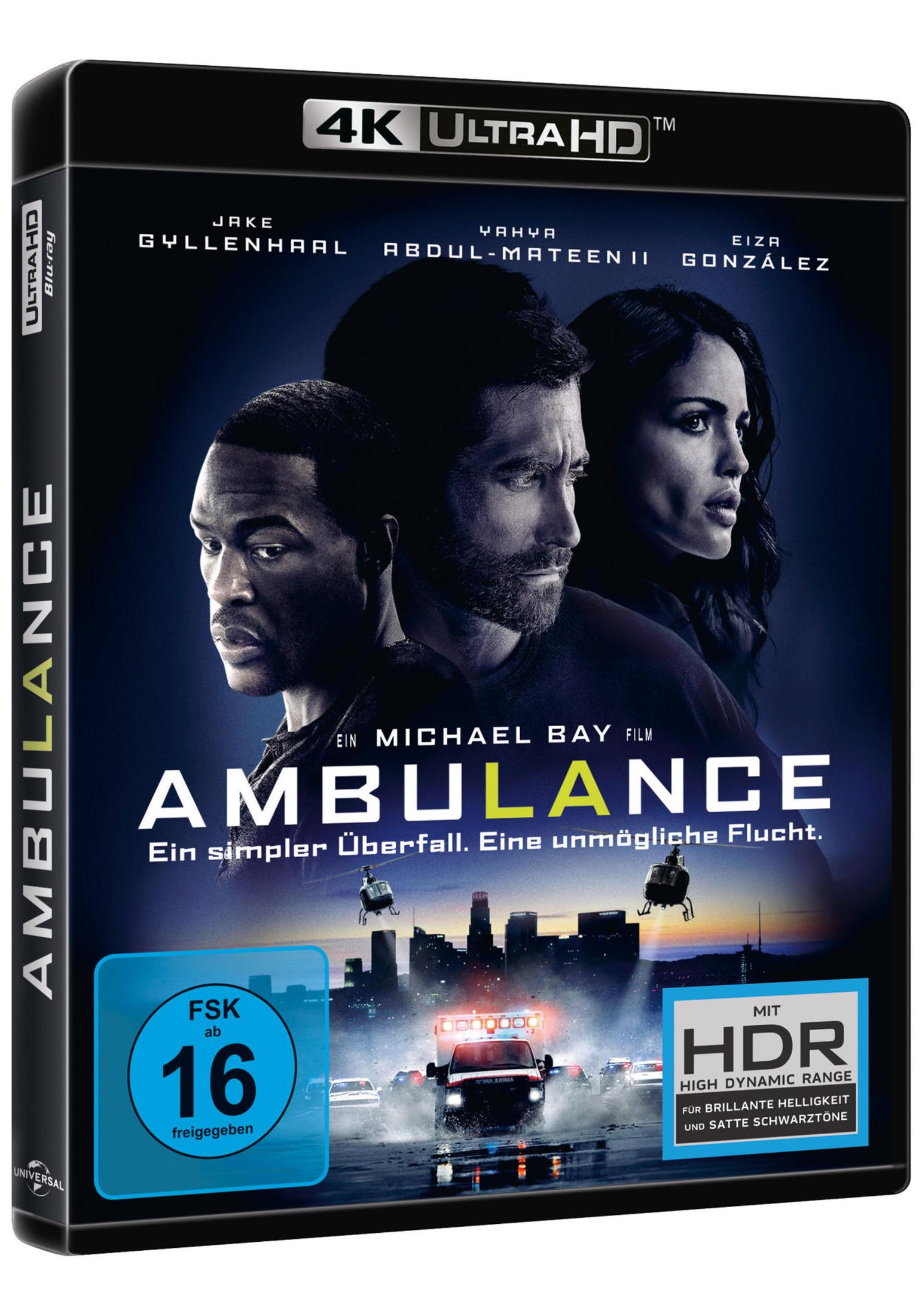 Blu-ray-Hülle des Films Ambulance mit drei Schauspielern, Stadtsilhouette, Hubschraubern und einem Krankenwagen.