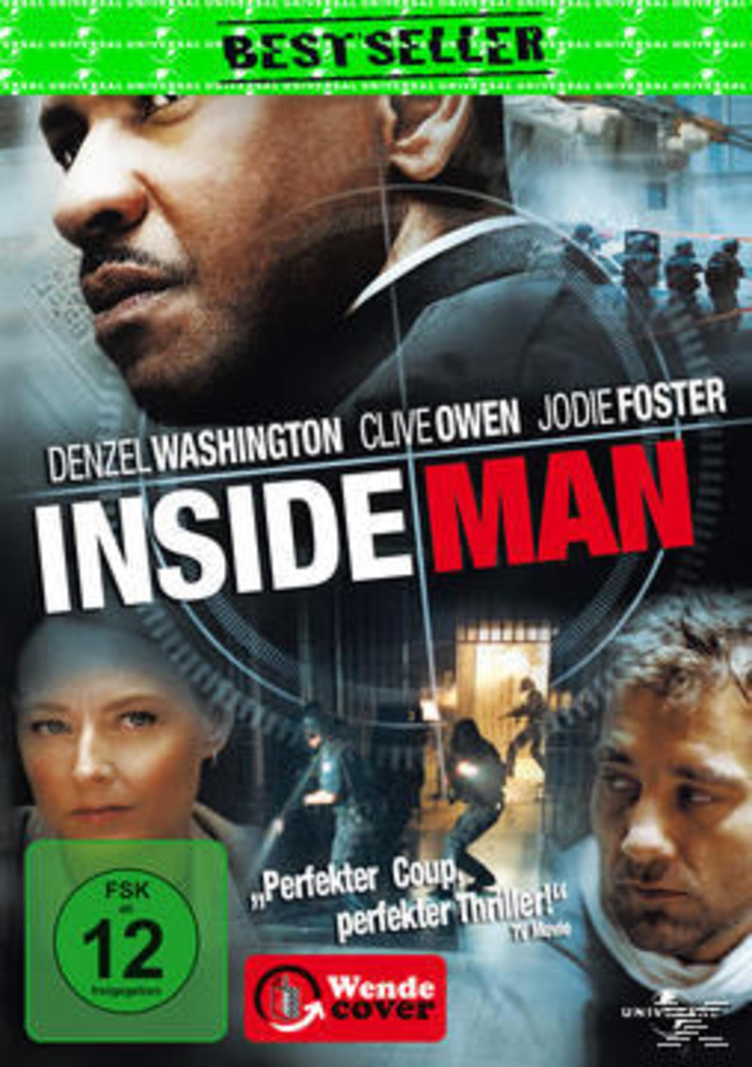 DVD-Cover, Film Inside Man. Denzel Washington, Clive Owen. Dunkle, urbane Umgebung.