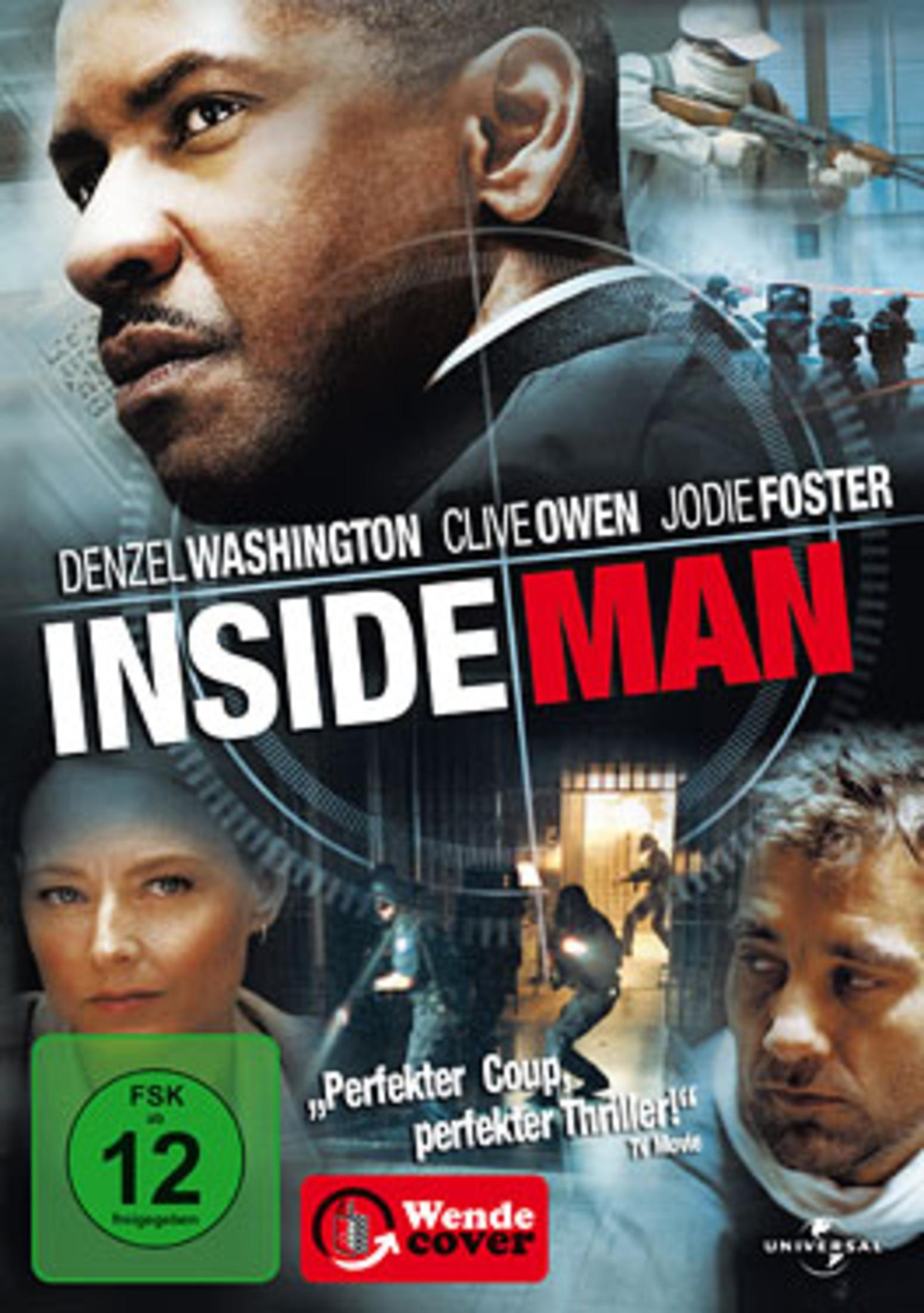 DVD-Cover, Film Inside Man. Denzel Washington, Clive Owen. Dunkle, urbane Umgebung.