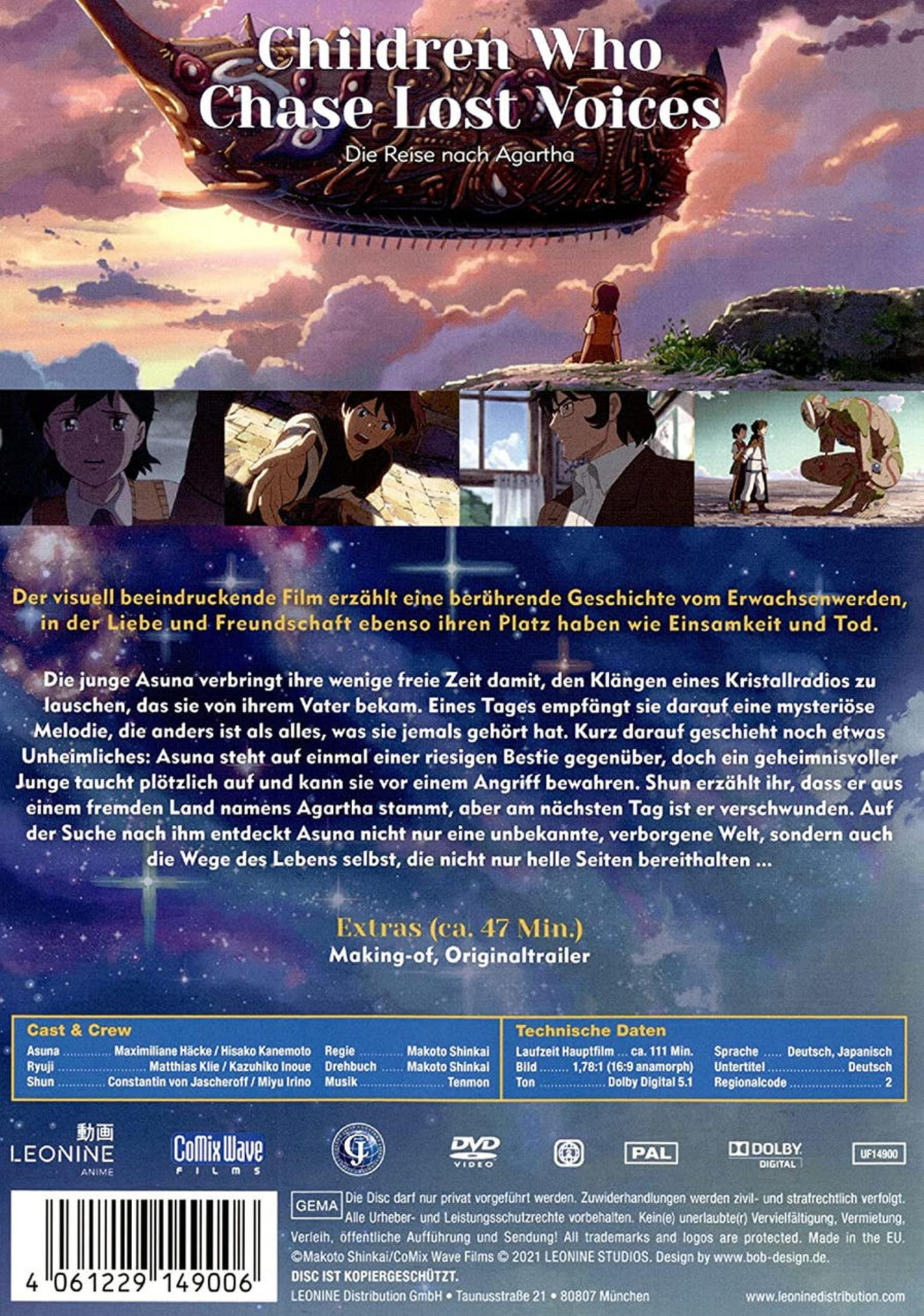 Filmcover: Anime-Kunst mit Titel und Bildern. Boot am Himmel, Charaktere unten und Text in mehreren Sprachen.