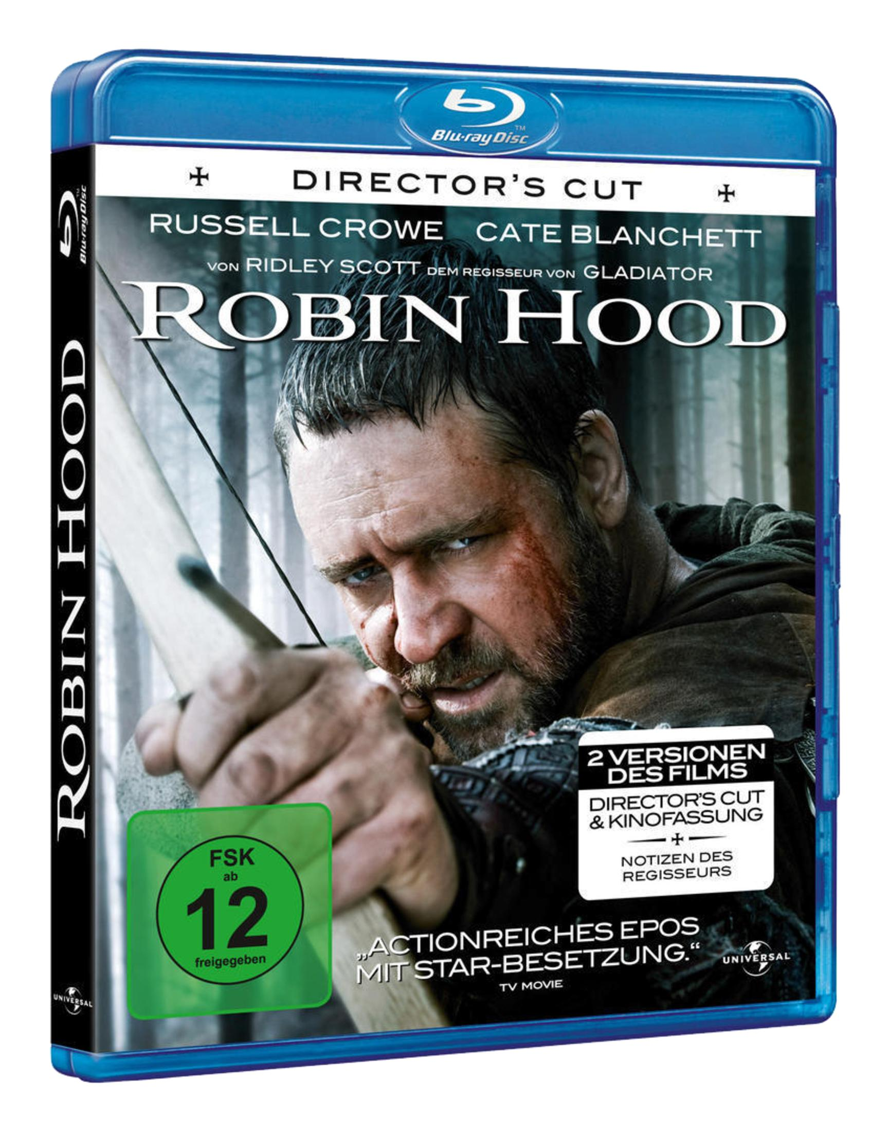 Robin Hood Blu-ray Disc mit Russell Crowe. Blaues Gehäuse und Cover. Titel, Schauspieler und Regisseur.