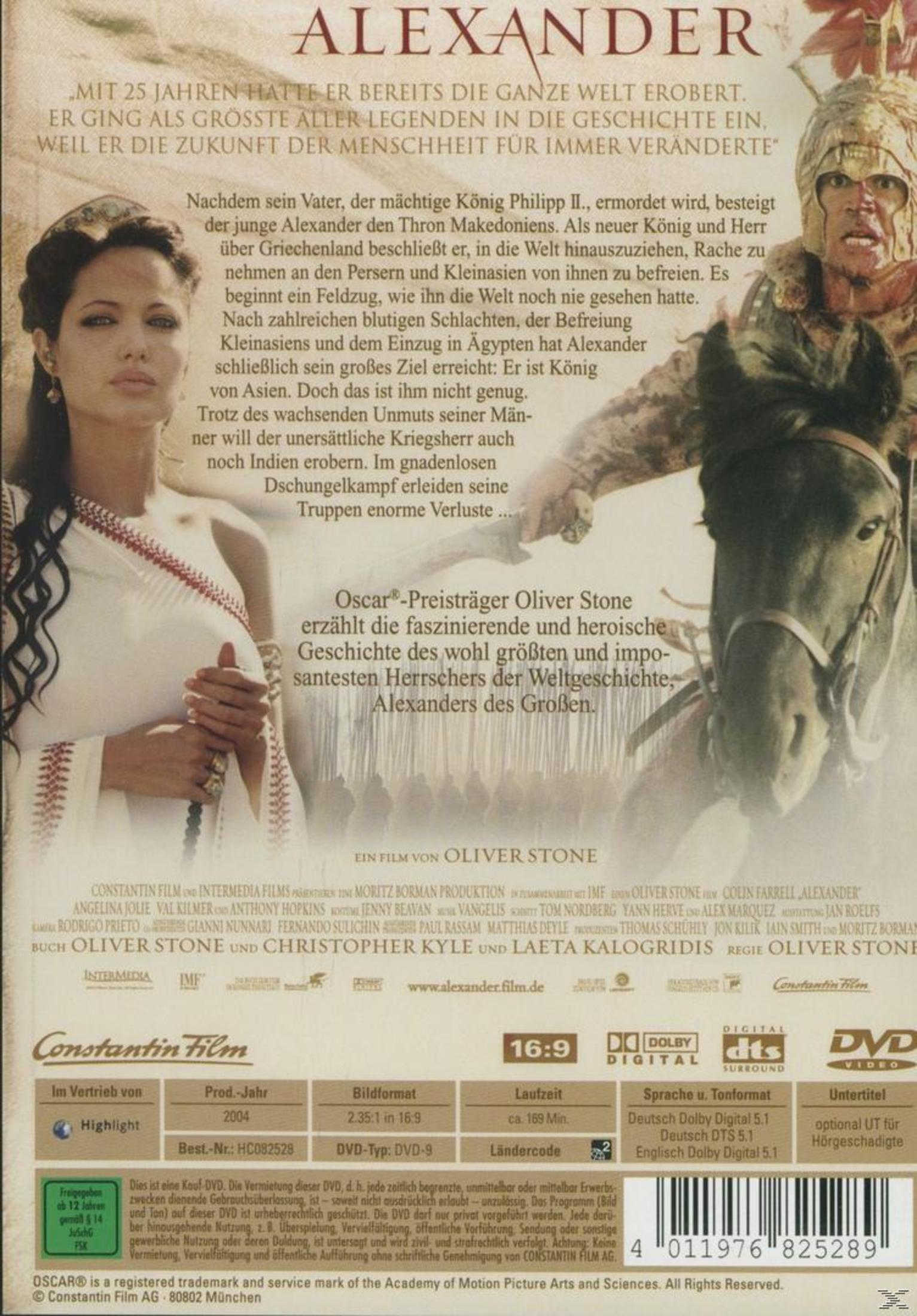 DVD-Cover von Alexander. Angelina Jolie und Colin Farrell sind sichtbar. Text ist auf Deutsch.