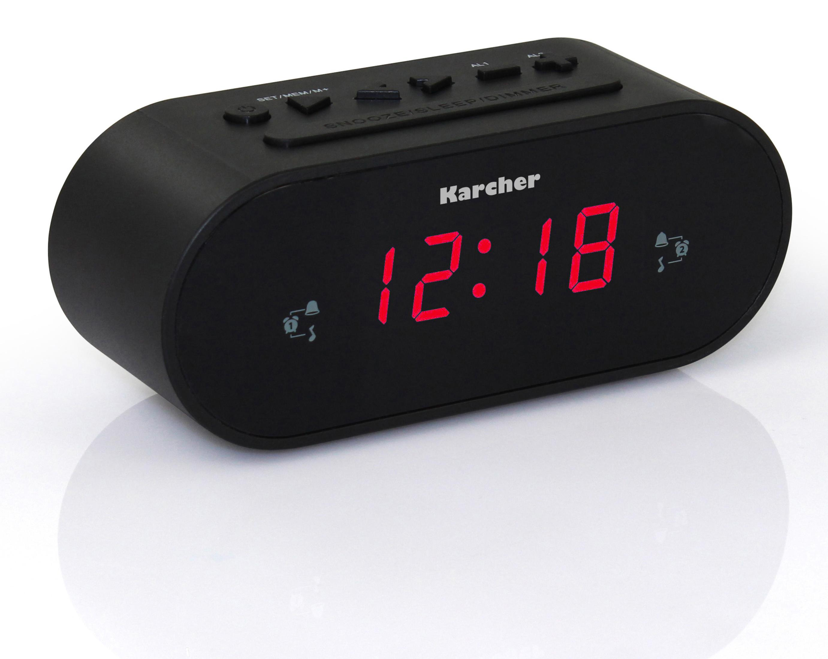 Schwarzer digitaler Wecker mit der Uhrzeit 12:18 in roten Ziffern. Die Marke ist Kärcher.