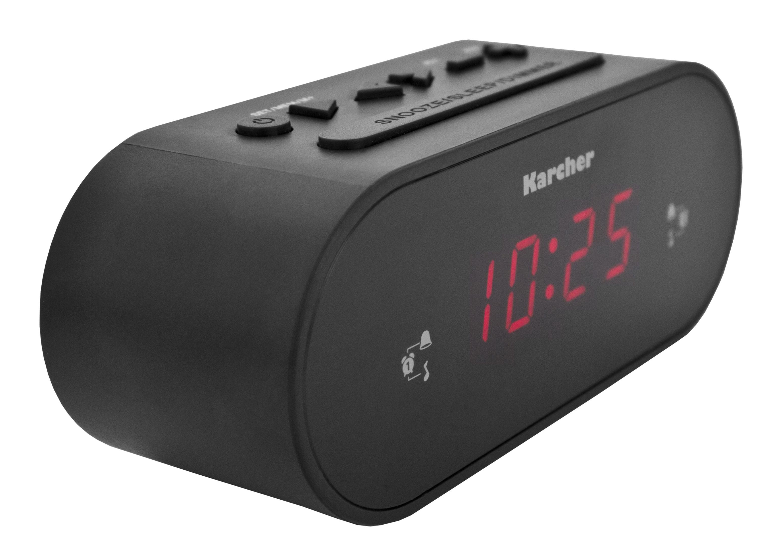 Schwarzer Wecker mit roter Digitalanzeige 10:25. Knöpfe oben.