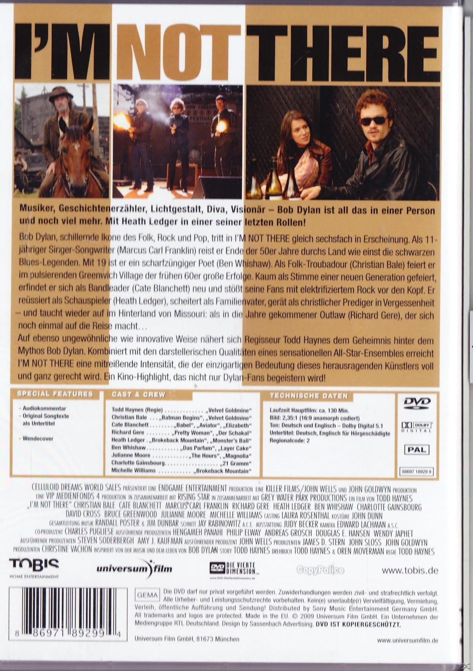 DVD-Hülle des Films I'm Not There mit Filmplakat oben, deutscher Textbeschreibung und Cast-Informationen.