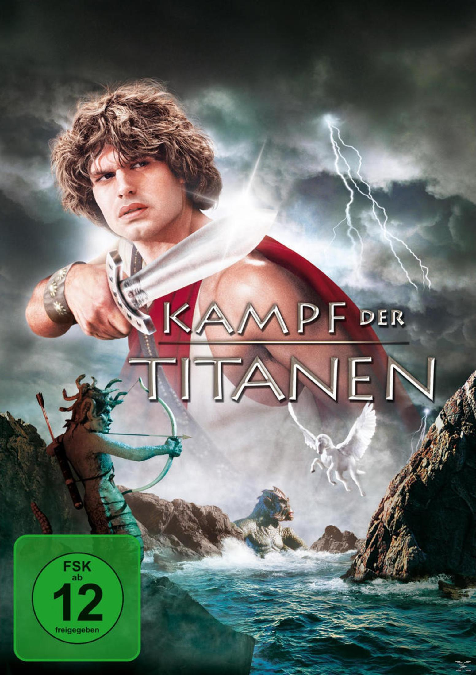 Filmplakat von Kampf der Titanen mit einem Schwertkämpfer, Kreaturen, Pegasus und stürmischem Himmel.
