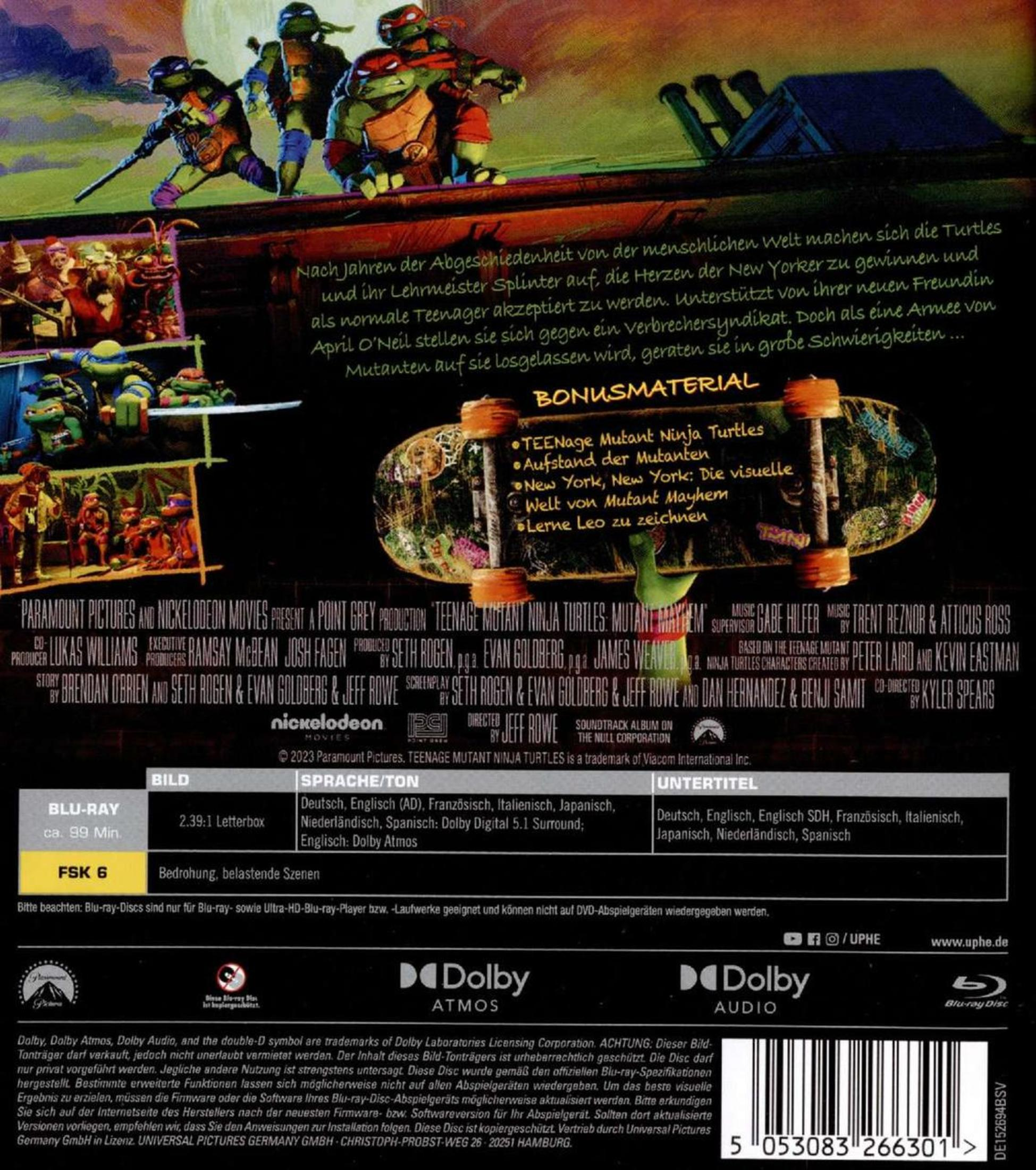 Rückseite einer DVD-Hülle mit Teenage Mutant Ninja Turtles-Charakteren und Text.