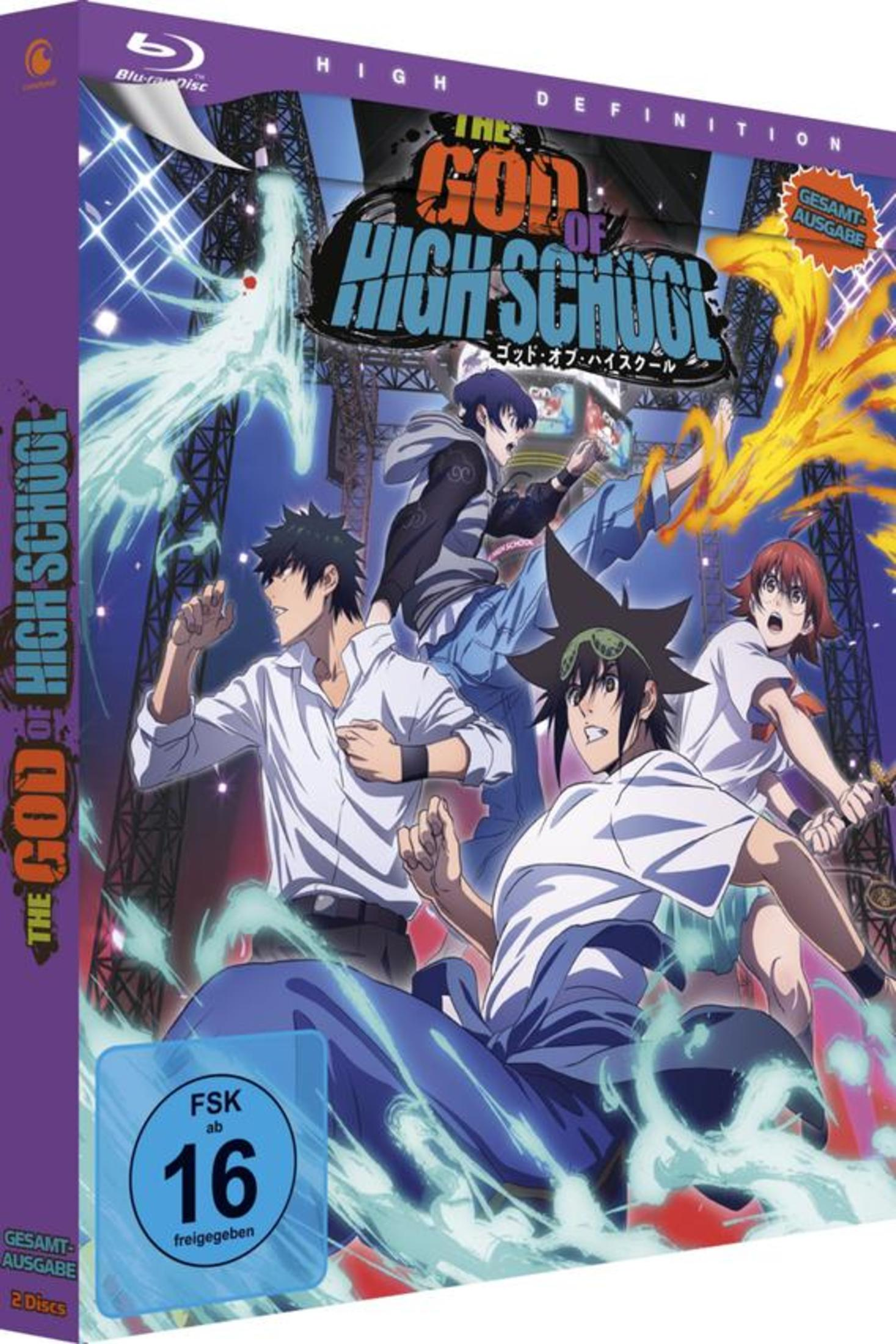 Blu-ray-Cover für The God of High School. Es zeigt Anime-Charaktere in Aktion, umgeben von Flammen.