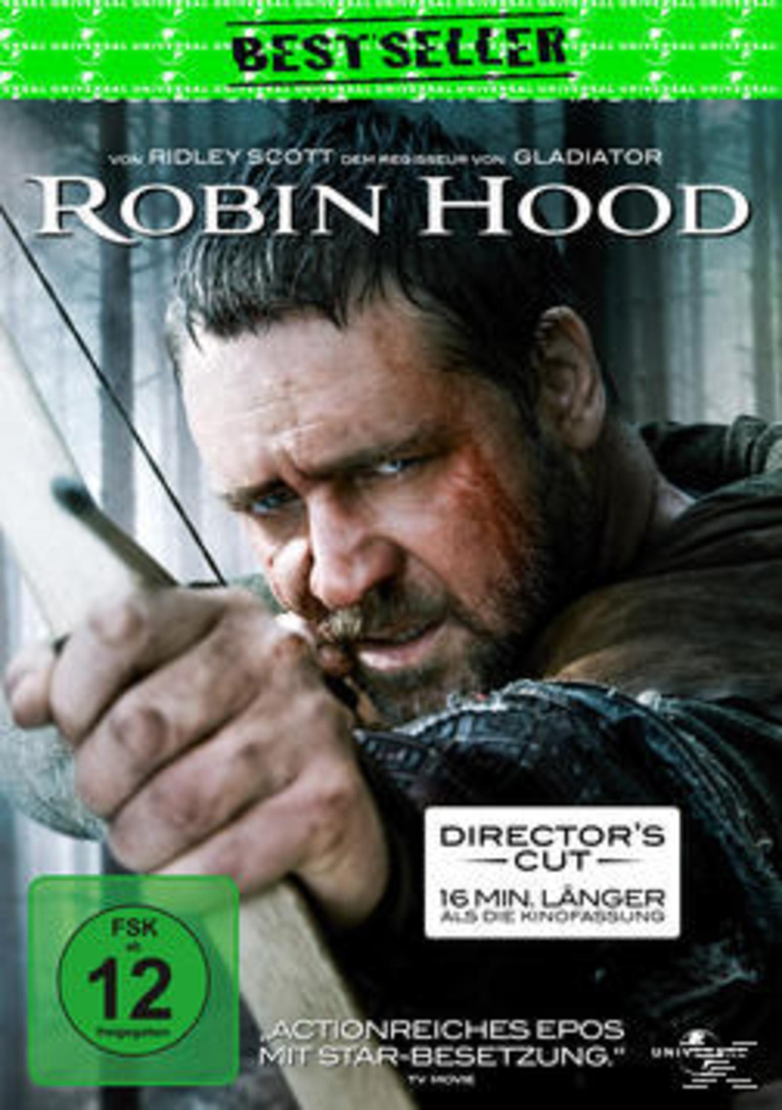 DVD-Hülle des Films Robin Hood, Russell Crowe hält einen Bogen.