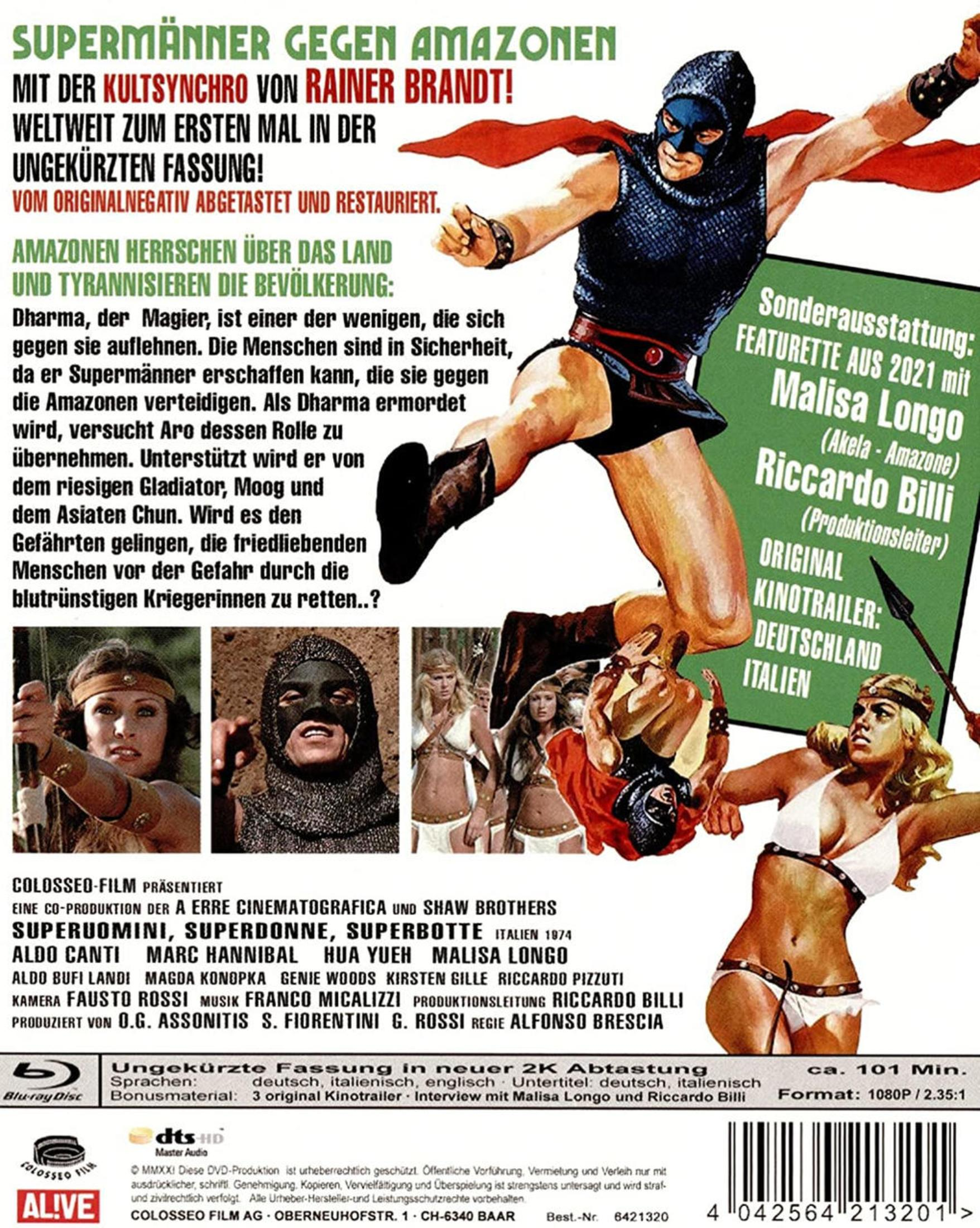 Filmposter: Ein Mann mit Maske tritt. Text auf Deutsch. Mehrere Bilder von Frauen in Bikinis sind unten links.