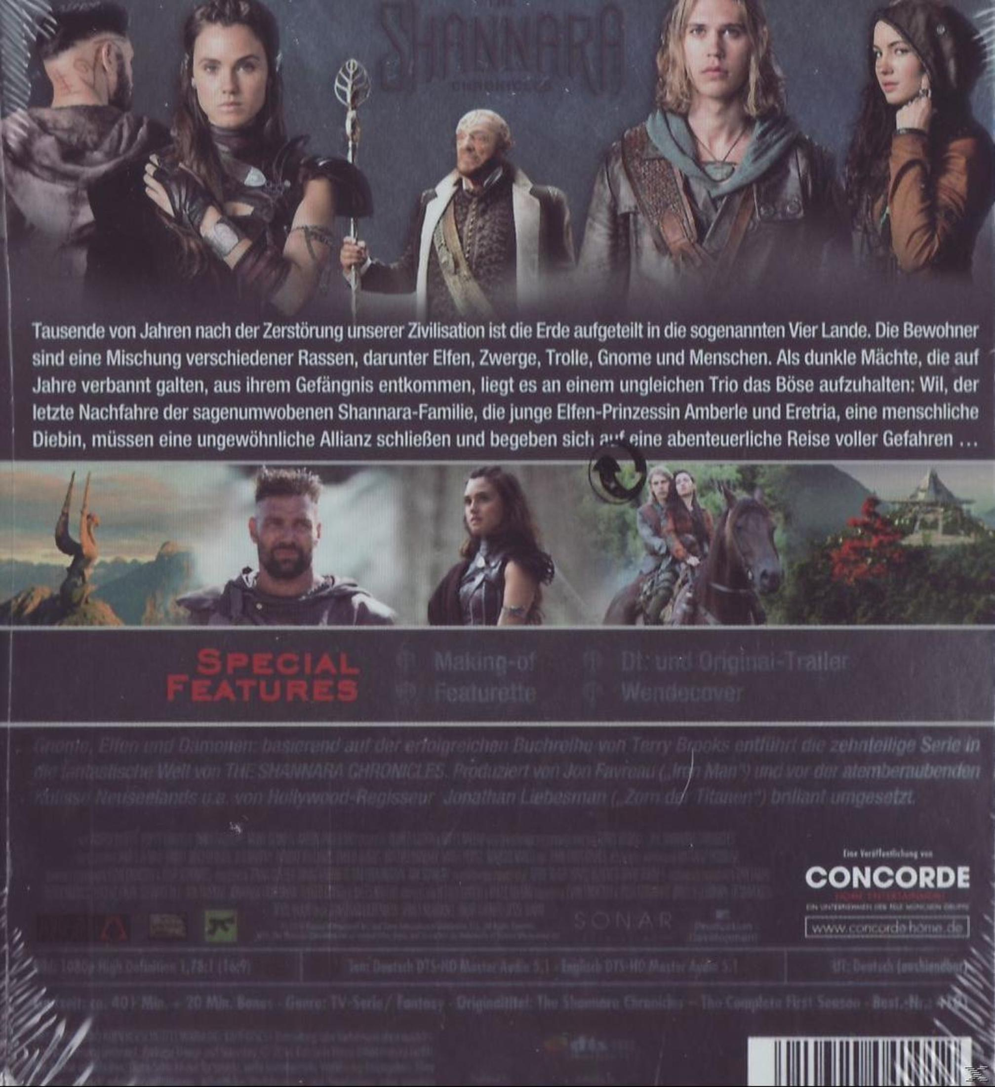 Rückseite der 'The Shannara Chronicles' DVD, mit Funktionen, Schauspielern, und Serien-Details.