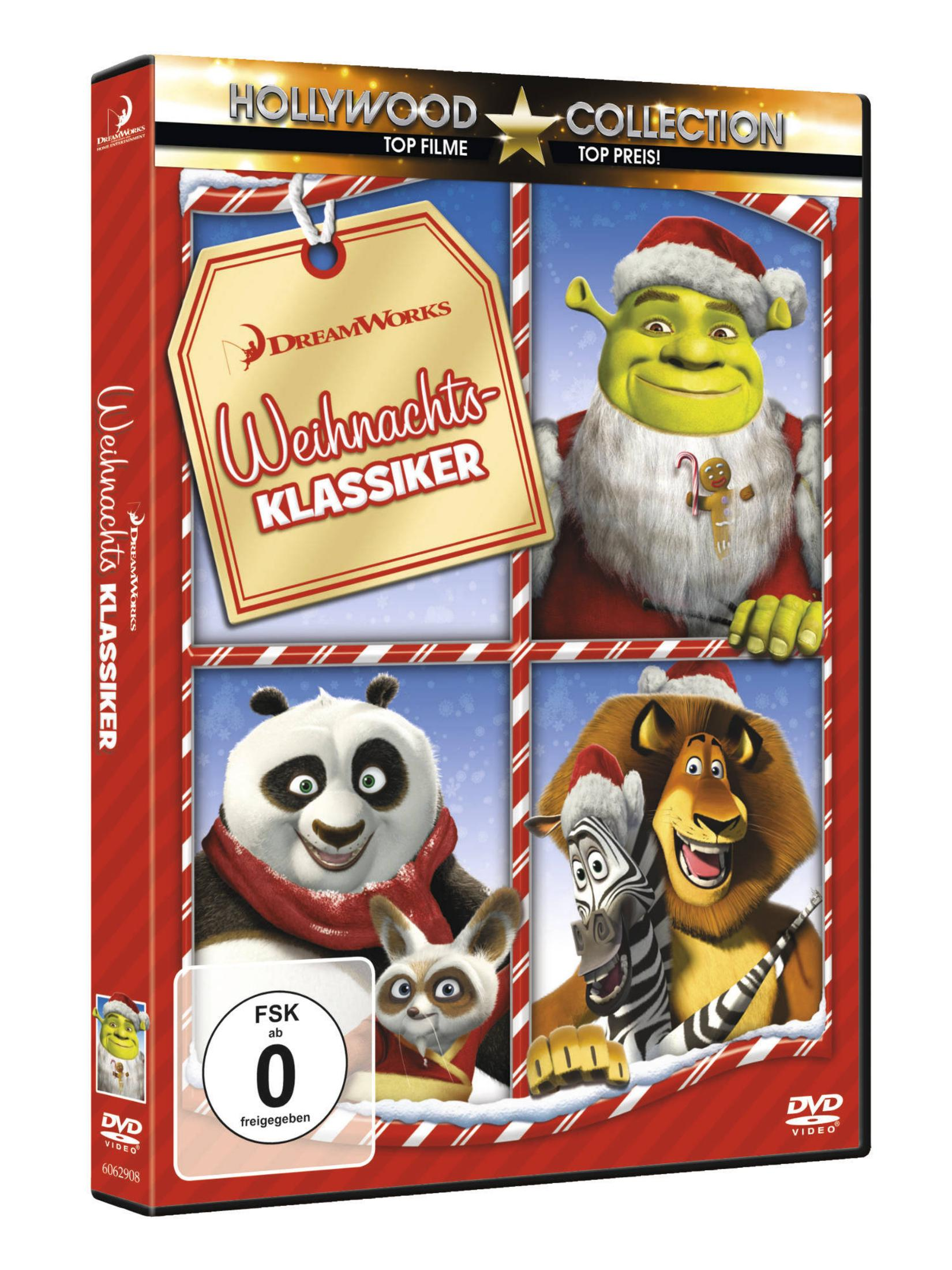 DVD-Cover von Shreks Weihnachten. Shrek, Panda und andere Charaktere auf dem Cover, rot und weiß.