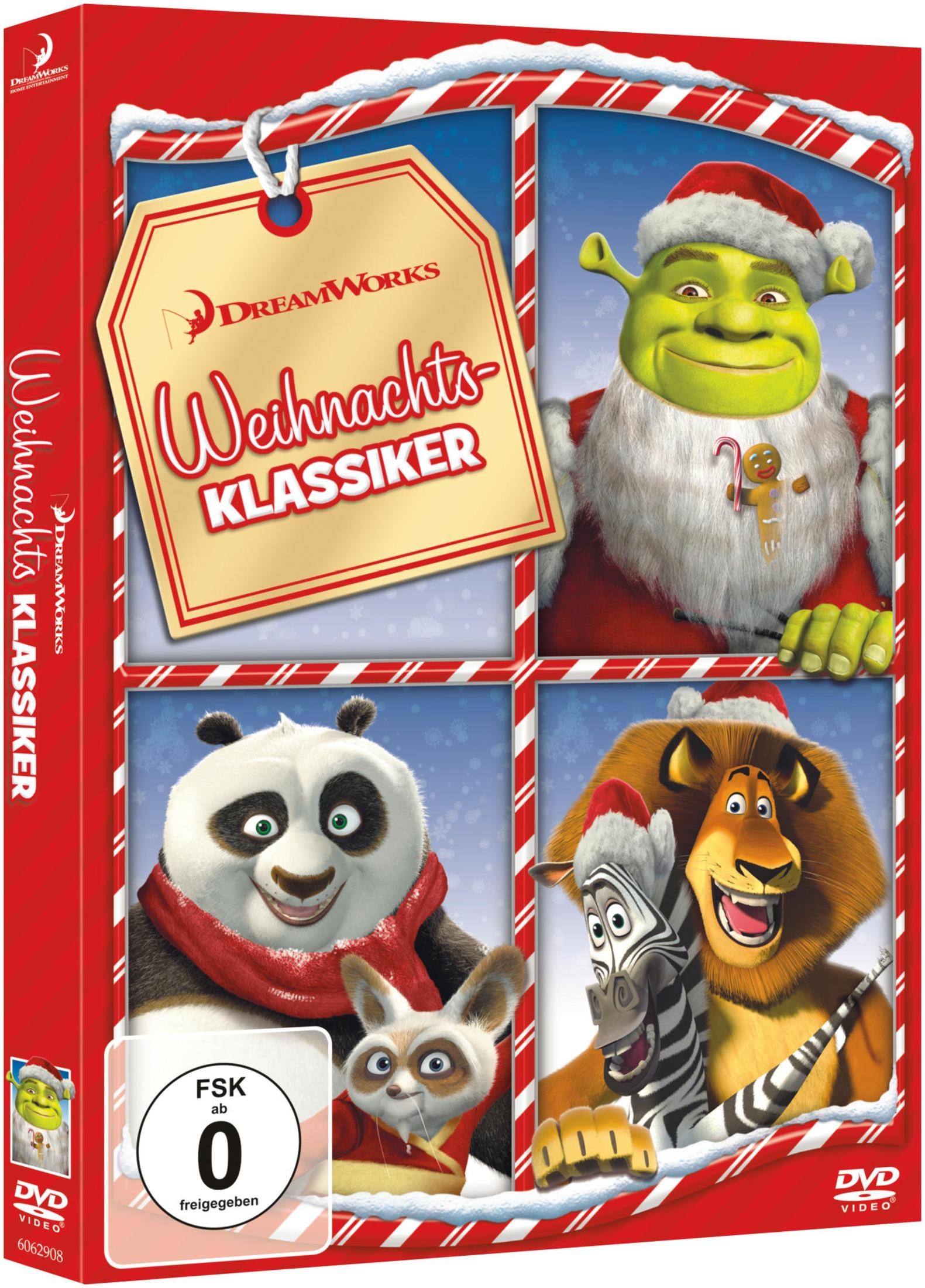 DVD-Cover für 'Shreks Weihnachten'. Zeigt Charaktere, einen roten Rahmen und ein DreamWorks-Logo.
