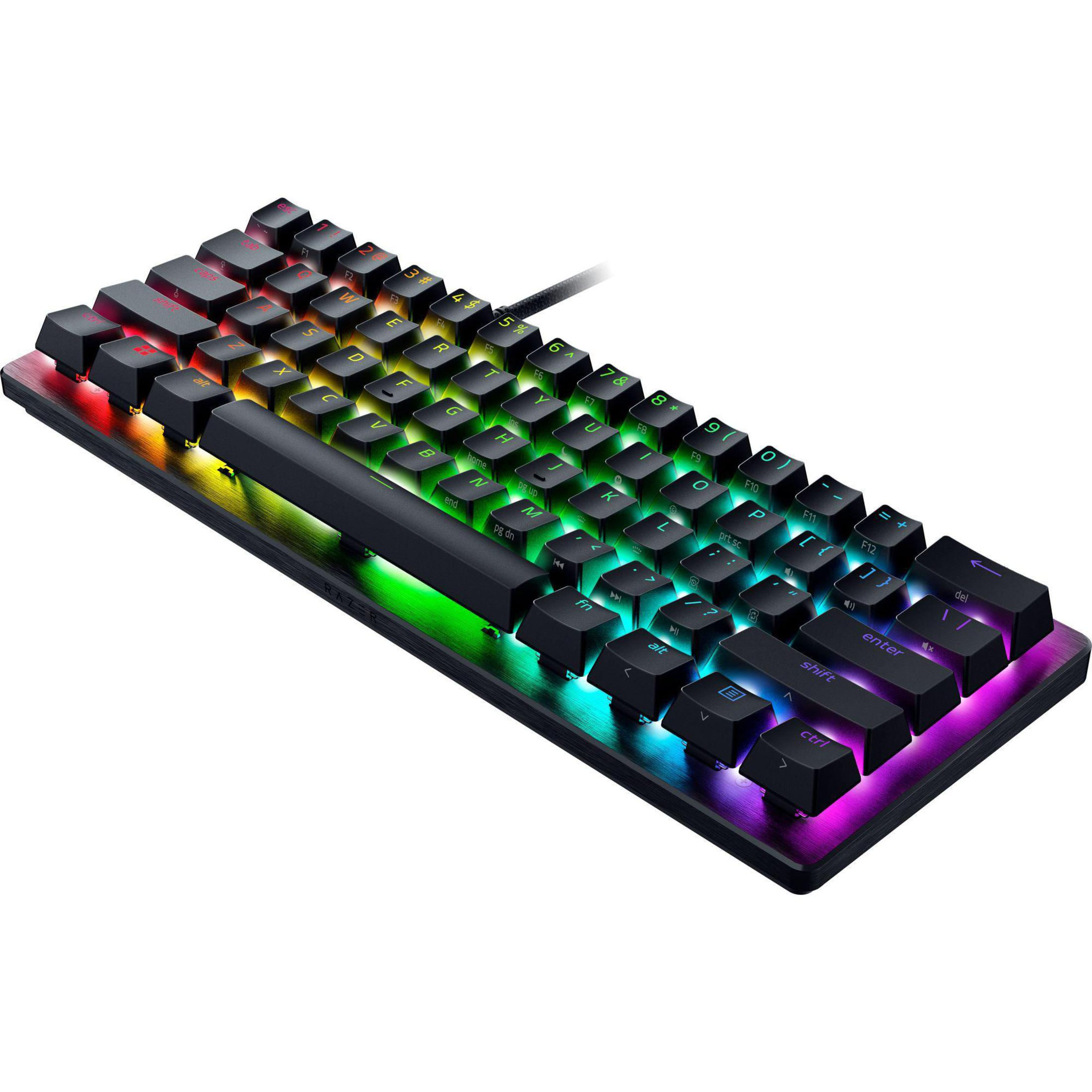 Mechanische Tastatur mit RGB-Hintergrundbeleuchtung. Die Tasten sind schwarz, die Lichter bunt.