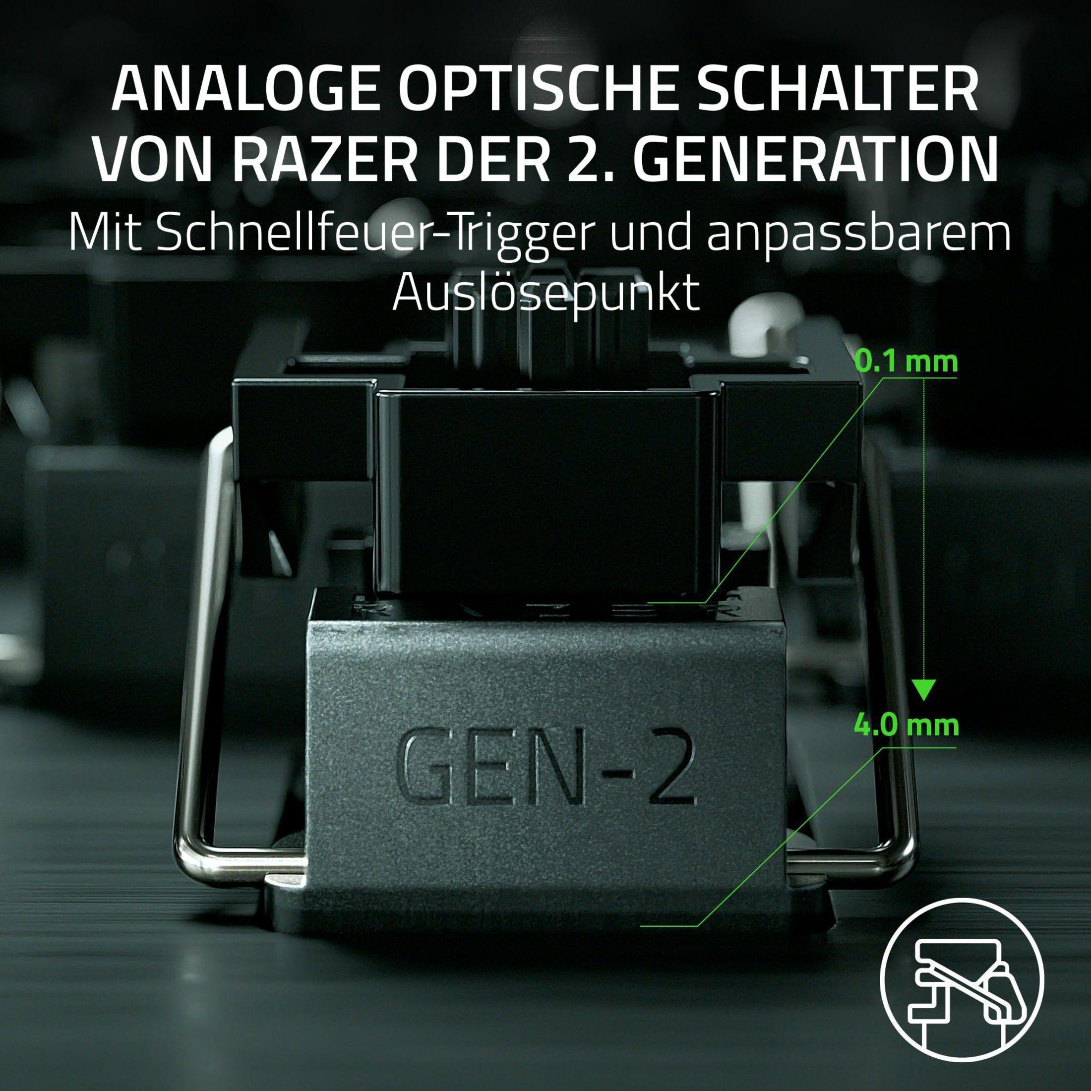 Schwarzer mechanischer Schalter mit grünem Text. Gen-2, 0,1 mm und 4,0 mm sind auf der Seite markiert.