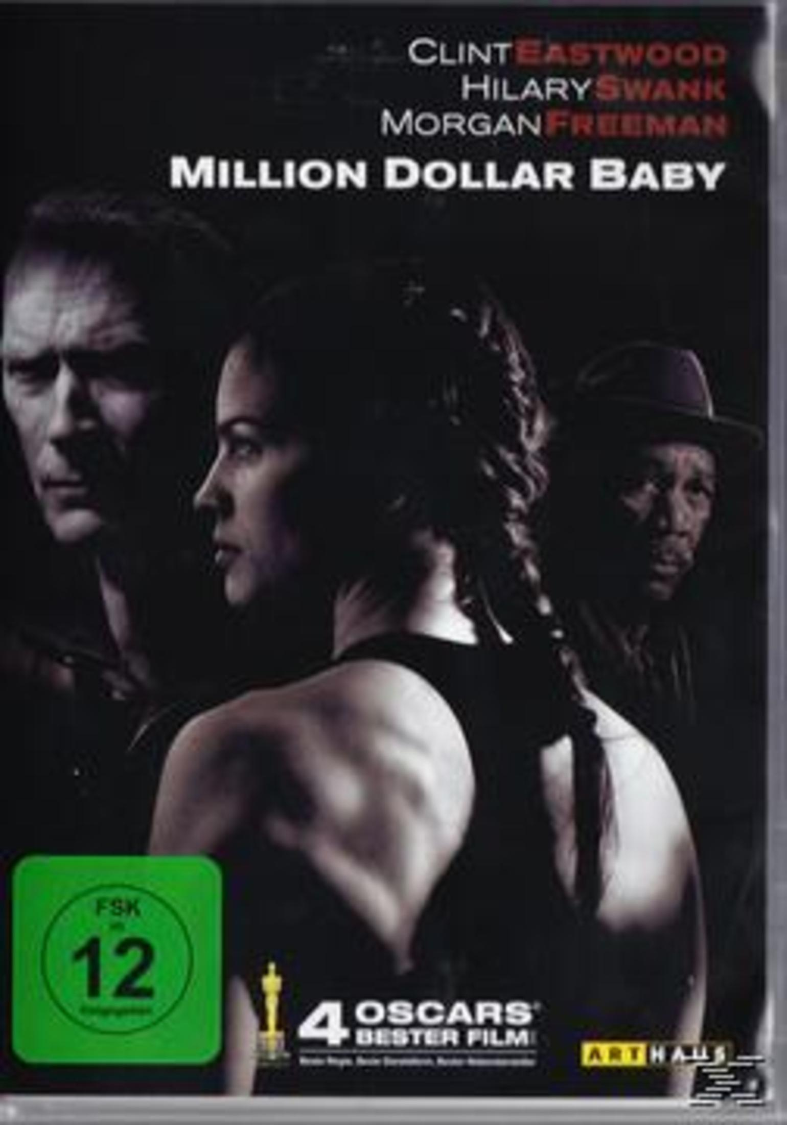 Filmposter mit Clint Eastwood, Hilary Swank und Morgan Freeman. Filmtitel 'Million Dollar Baby'.
