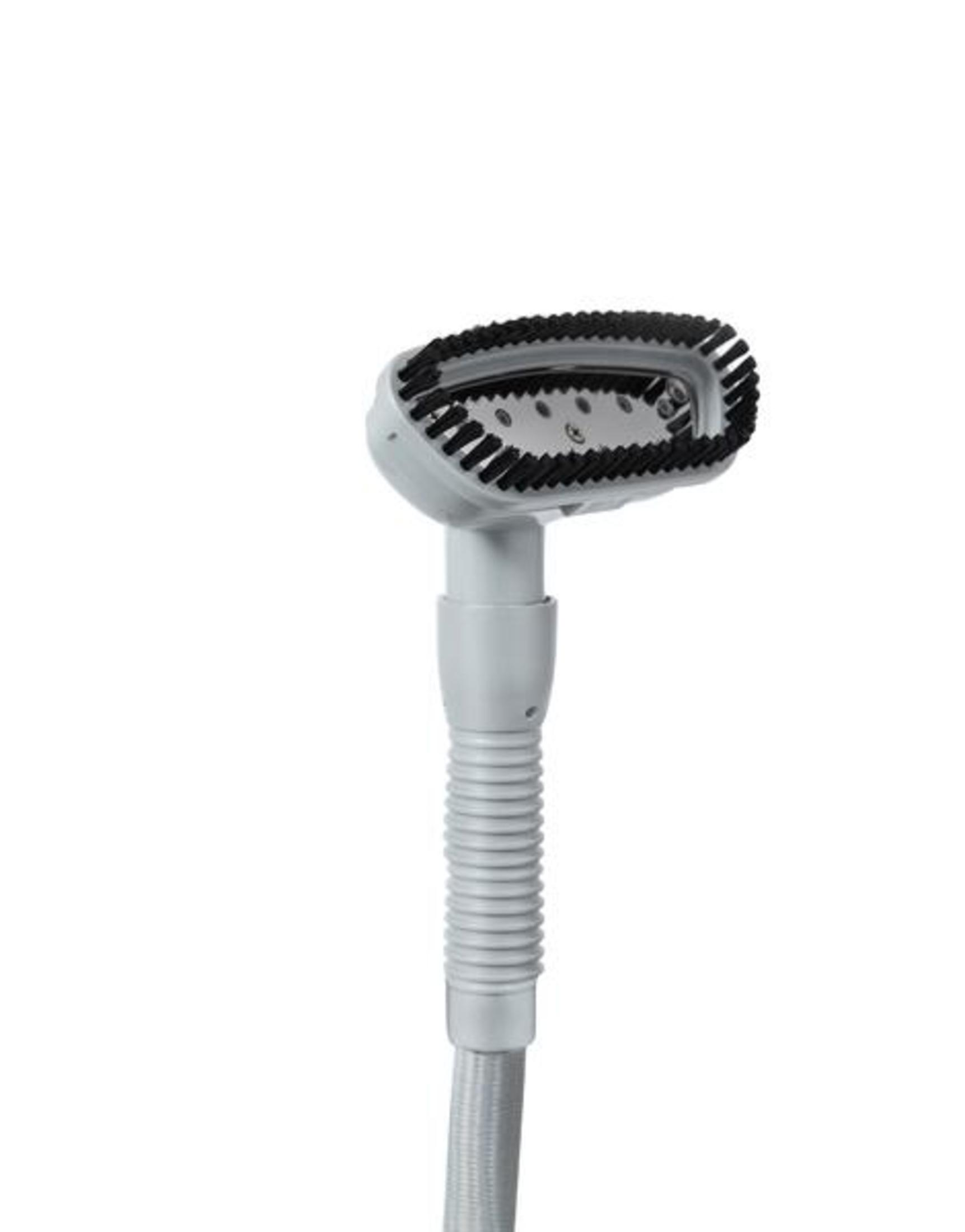 Testa di vaporizzatore portatile con setole nere, su un tubo grigio a coste. Sfondo bianco.