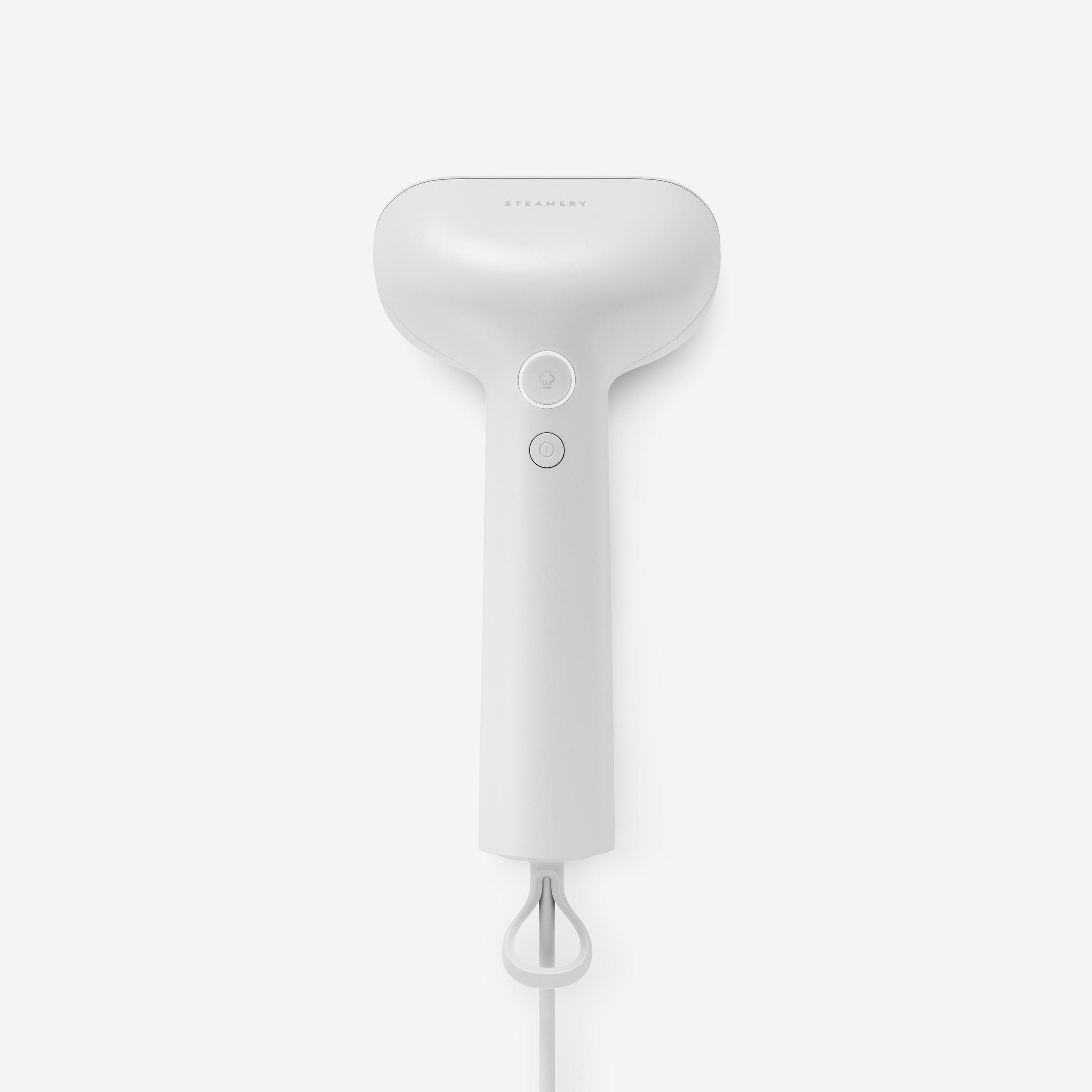 Vaporizzatore per vestiti bianco, design dritto, con due pulsanti e un cavo. Con testa rotonda e manico.