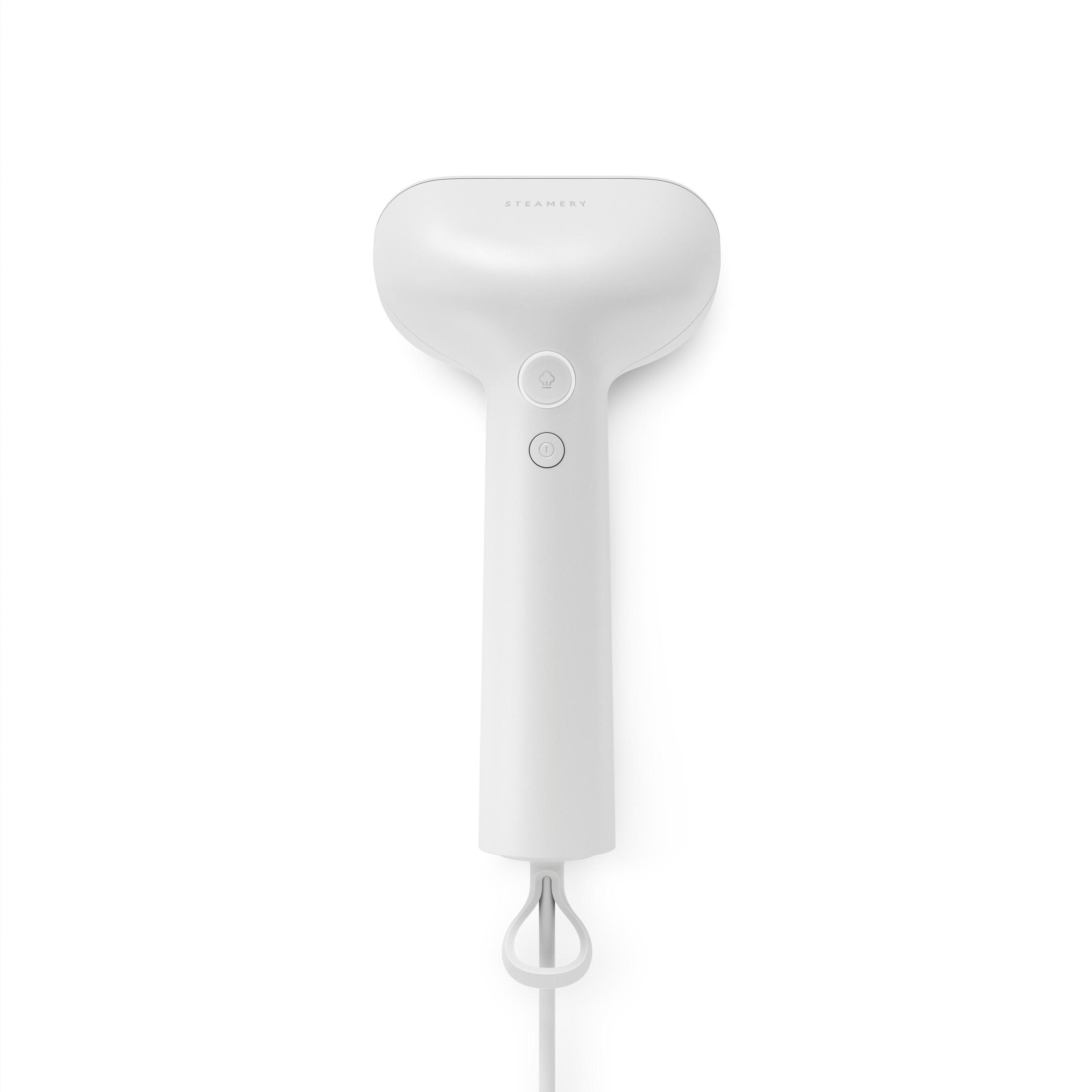 Un vaporizzatore per indumenti portatile bianco Steamer su sfondo bianco. Ha due pulsanti e un cavo.