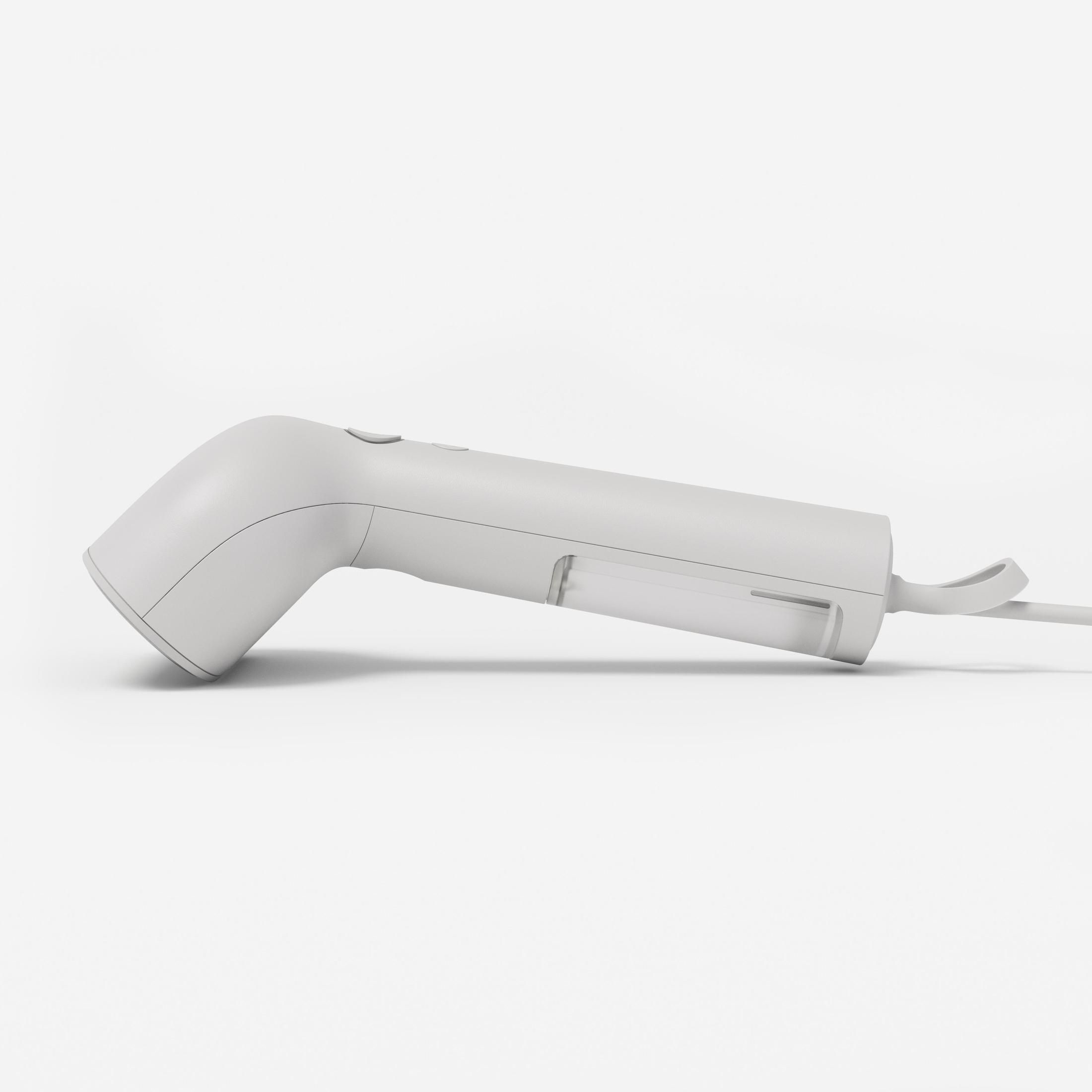 Vaporizzatore portatile bianco su una superficie bianca, vista laterale, con un cavo.