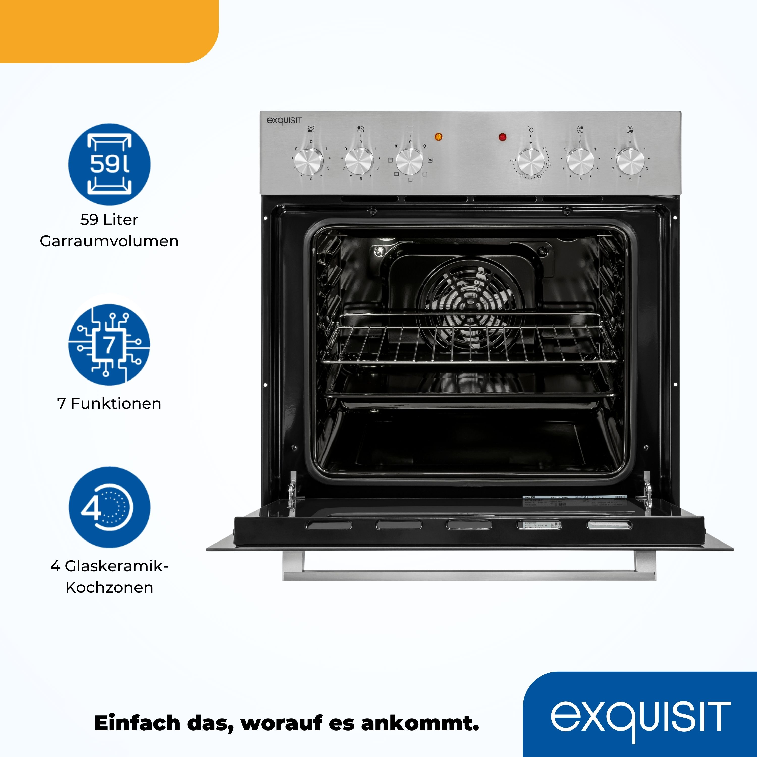Edelstahlofen mit geöffneter Tür. Display zeigt Zahlen und Symbole. Knöpfe sind sichtbar.