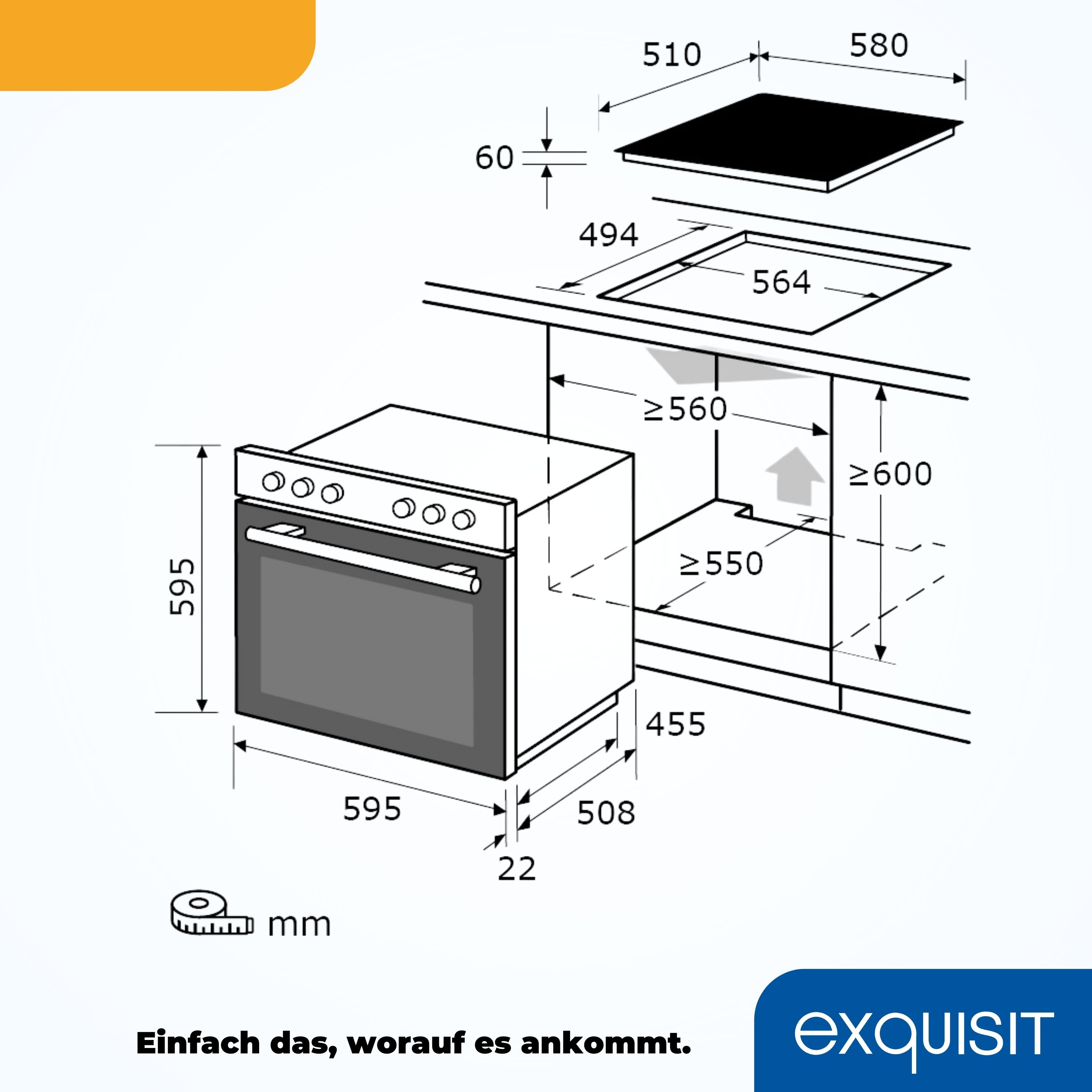 Diagramm eines Einbaubackofens mit Maßangaben in Millimetern. Der Ofen befindet sich in einem Schrank.